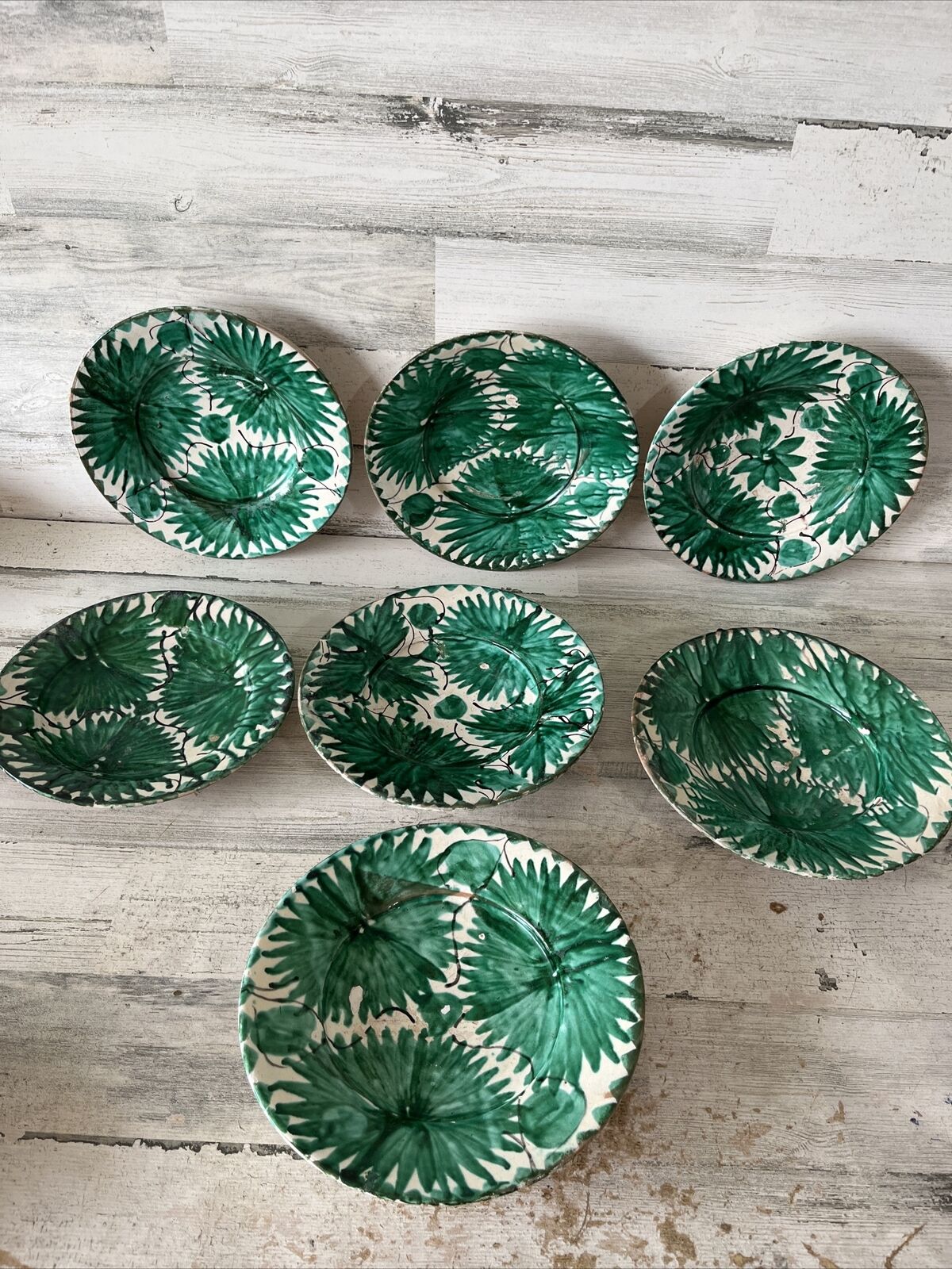 7 Vintage Green White Leaf Mexican Pottery Plates Oaxaca Talavera Clay Tonal