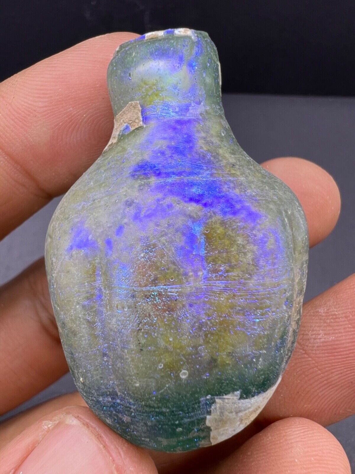 Authentic Ancient Roman Glass Bottle With Unusual Blue Patina On Top 2nd Century