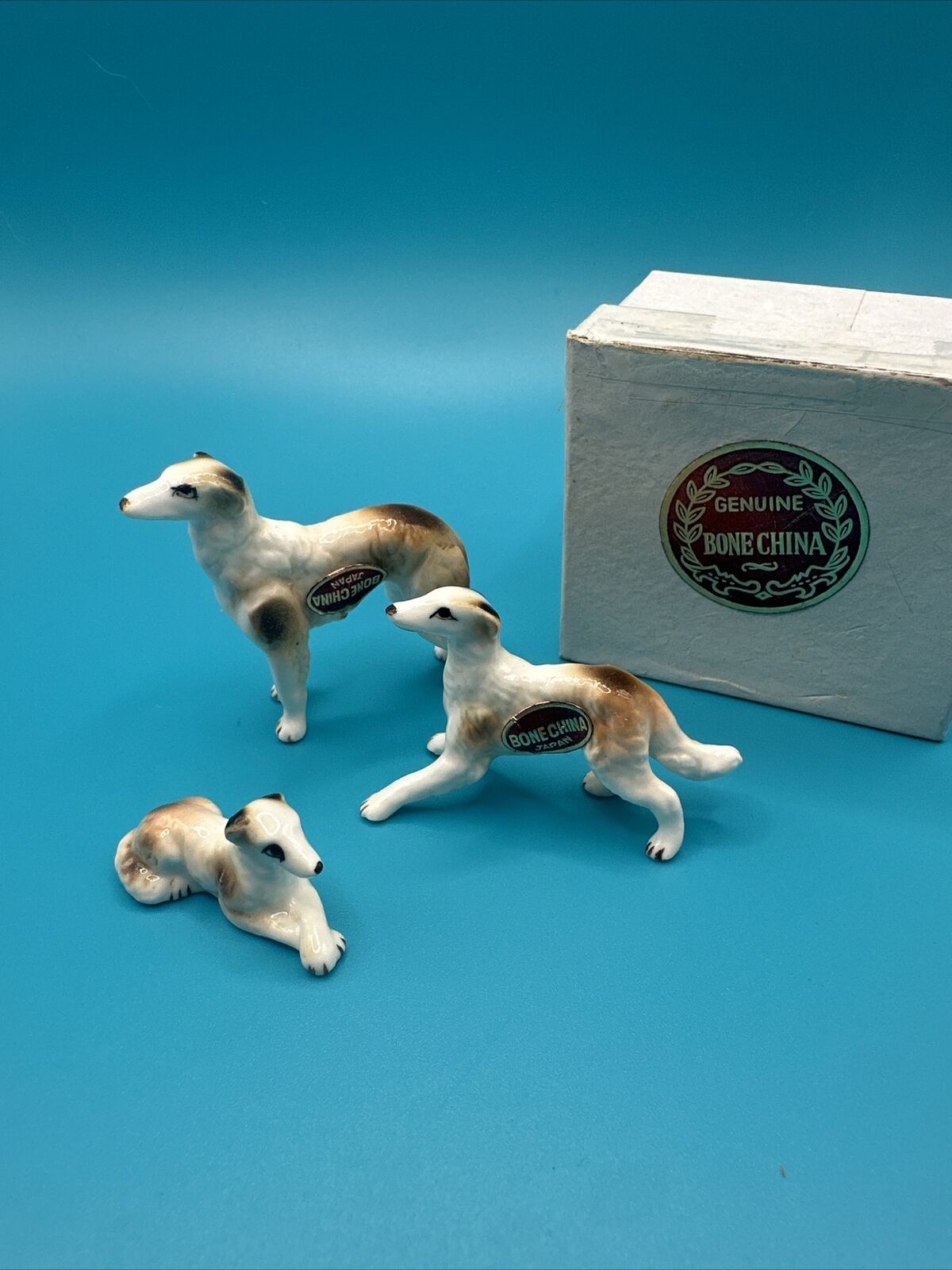 Vtg Genuine Bone China Miniature Borzoi Wolfhound Family W/ Original Box Japan