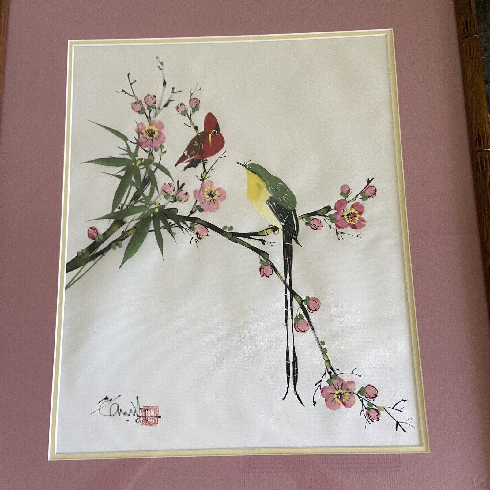 Vintage Original Asian Art Silk  Bird Art Signed Painting Birds Framed Beautiful