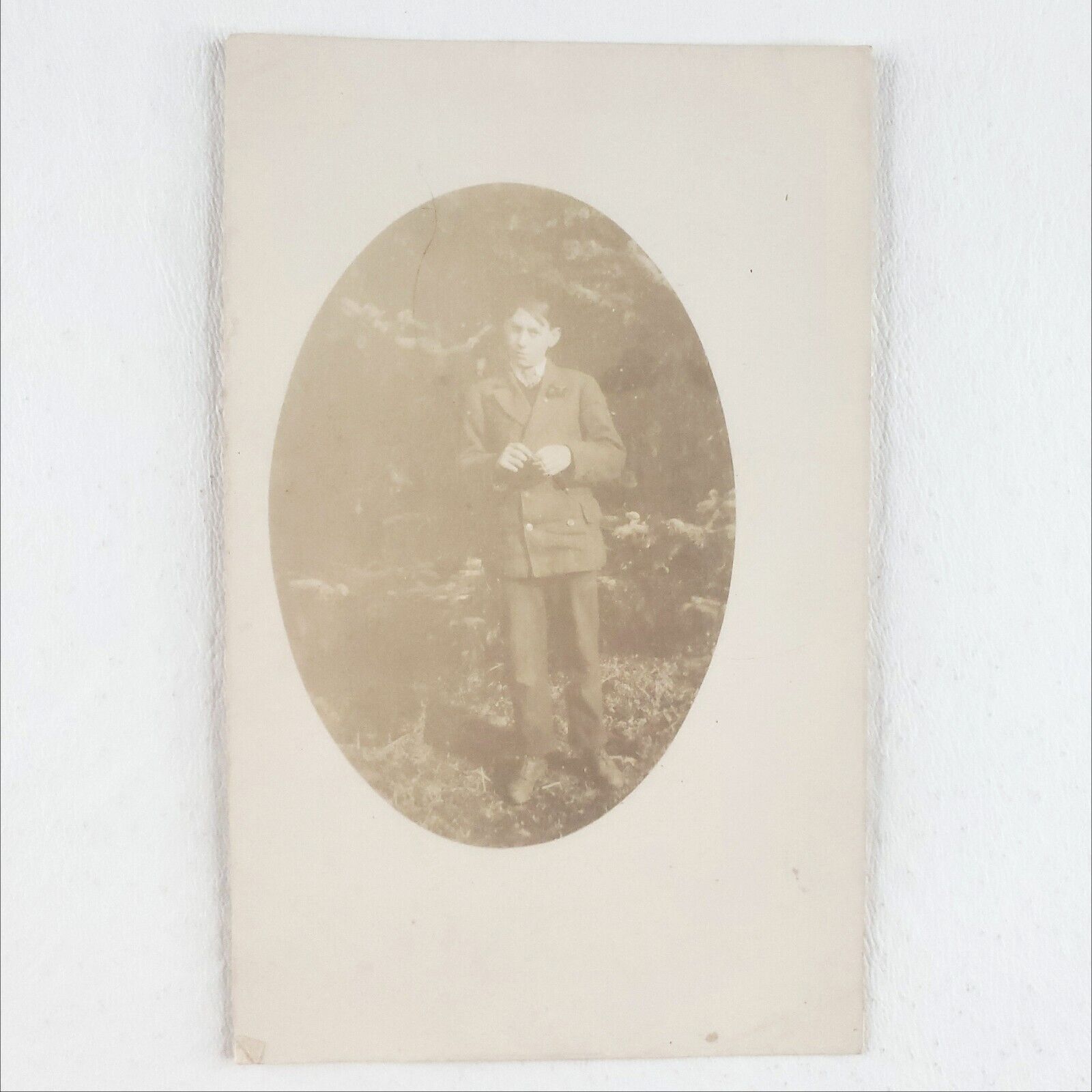 Fancy Young Man Oval RPPC Postcard c1915 Boy Shape Real Photo Antique Art B1130