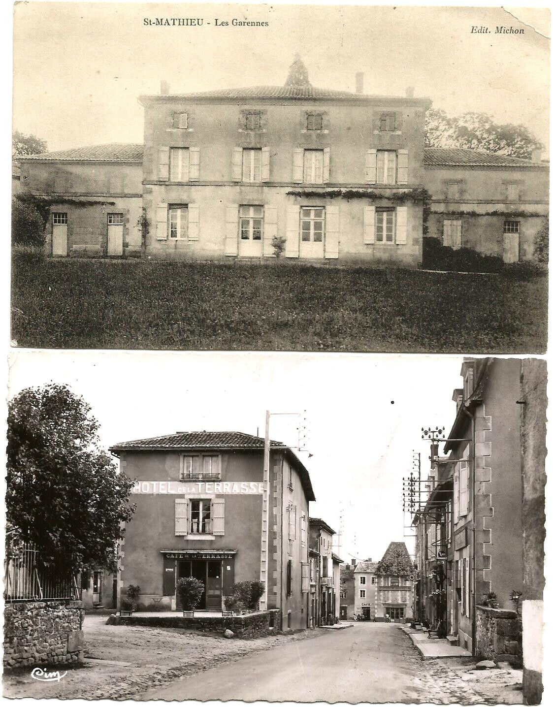 Saint Mathieu (87) 2 CPA les garennes (circa 1910) and Rue de la poste (circa 1950)