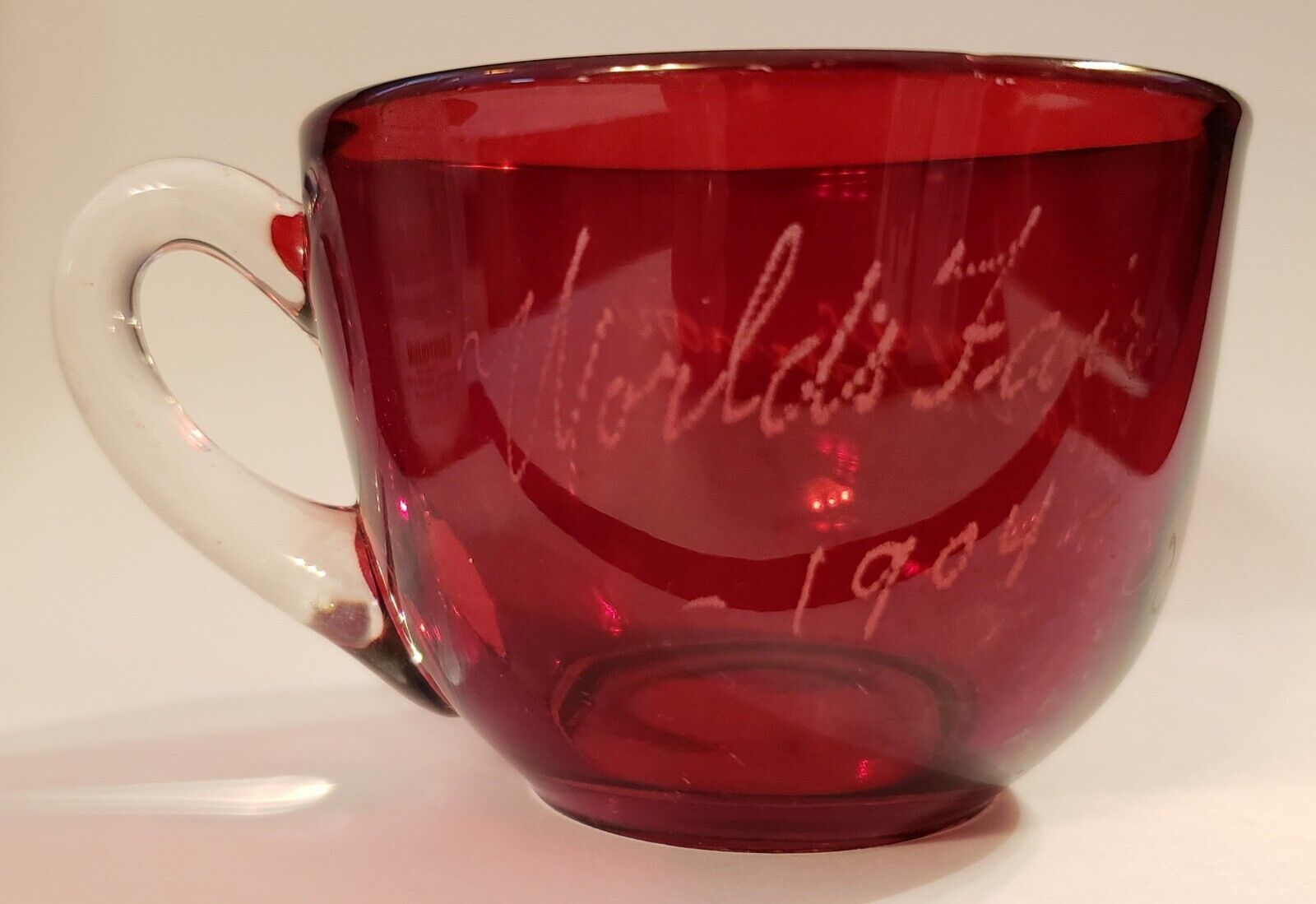 ANTQ 1904 St. Louis World’s Fair Ruby Red Flashed Etched Glass Tea Cup Souvenir