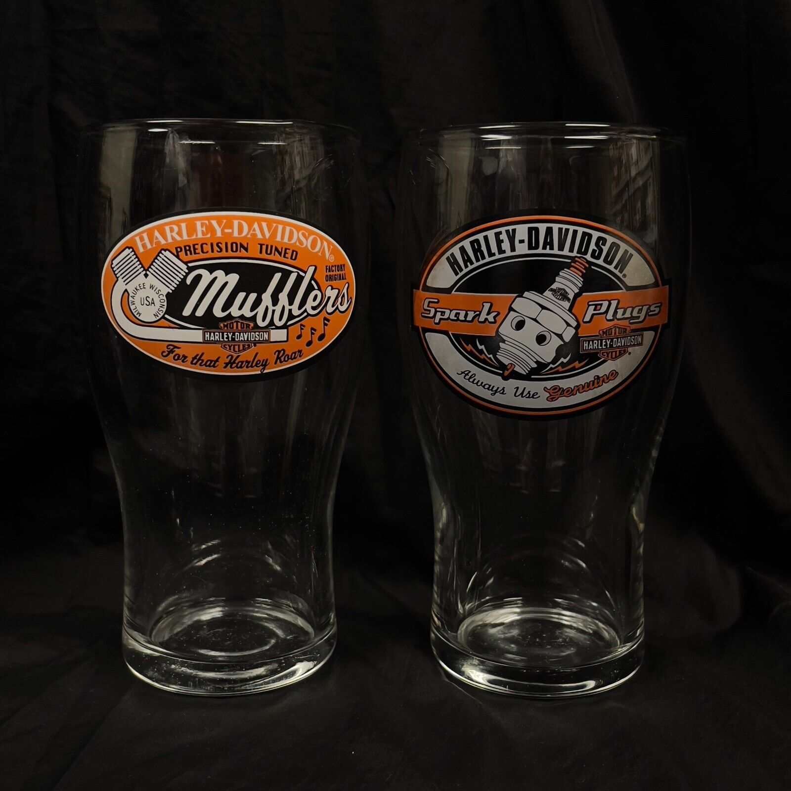 Harley-Davidson 2 Beer Glasses 14oz Mufflers Spark Plugs Logo