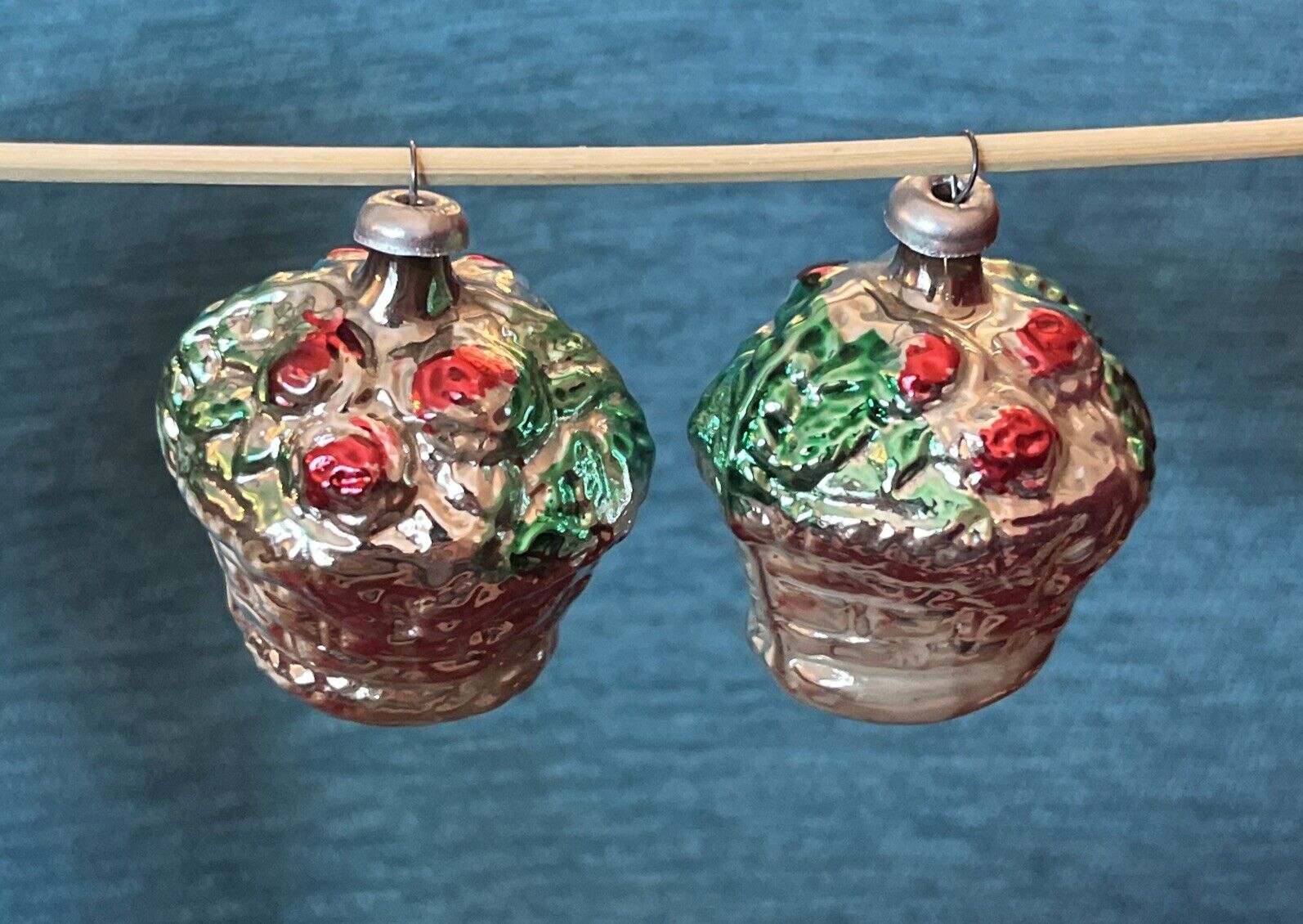 2 Antique Germany Glass Christmas Ornament Feather Tree Holly Basket Holiday