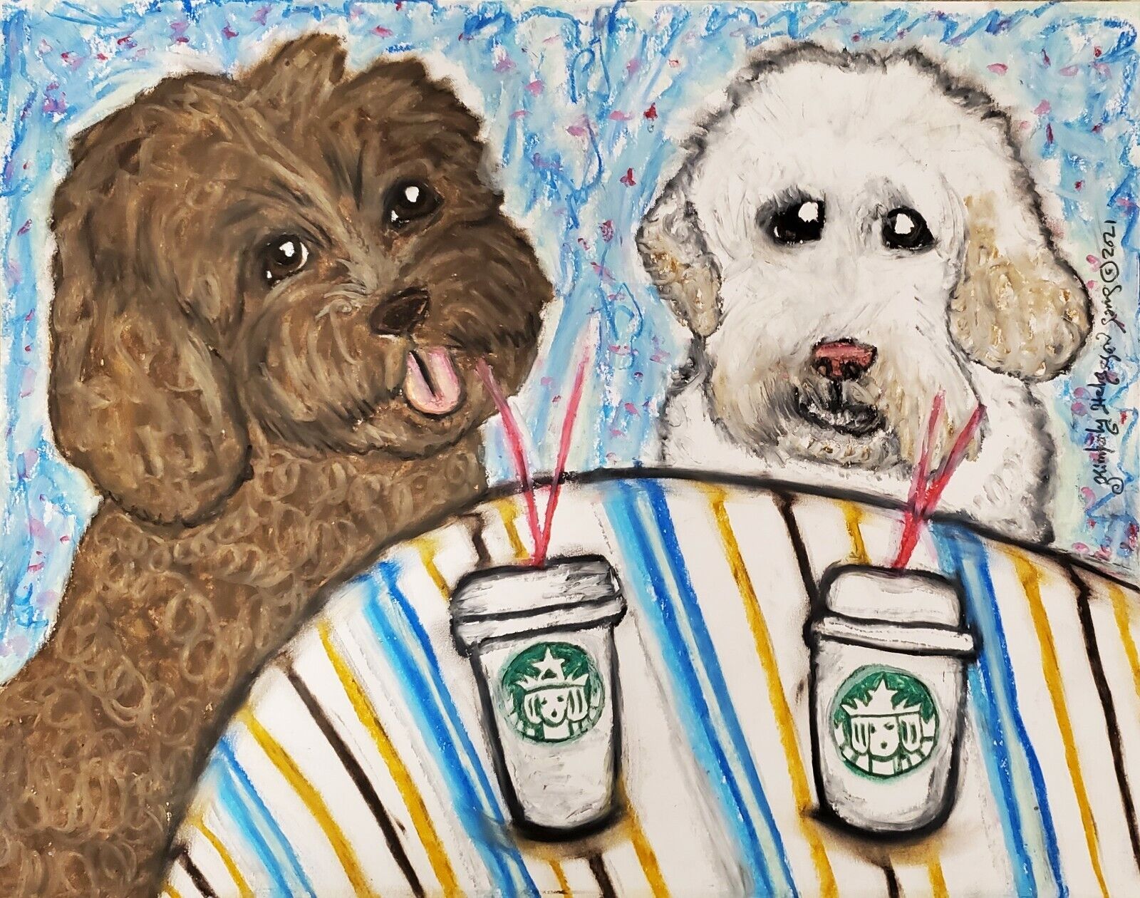 LABRADOODLE at Starbucks Coffee Dog Pop Folk Vintage Art 8 x 10 Signed Print