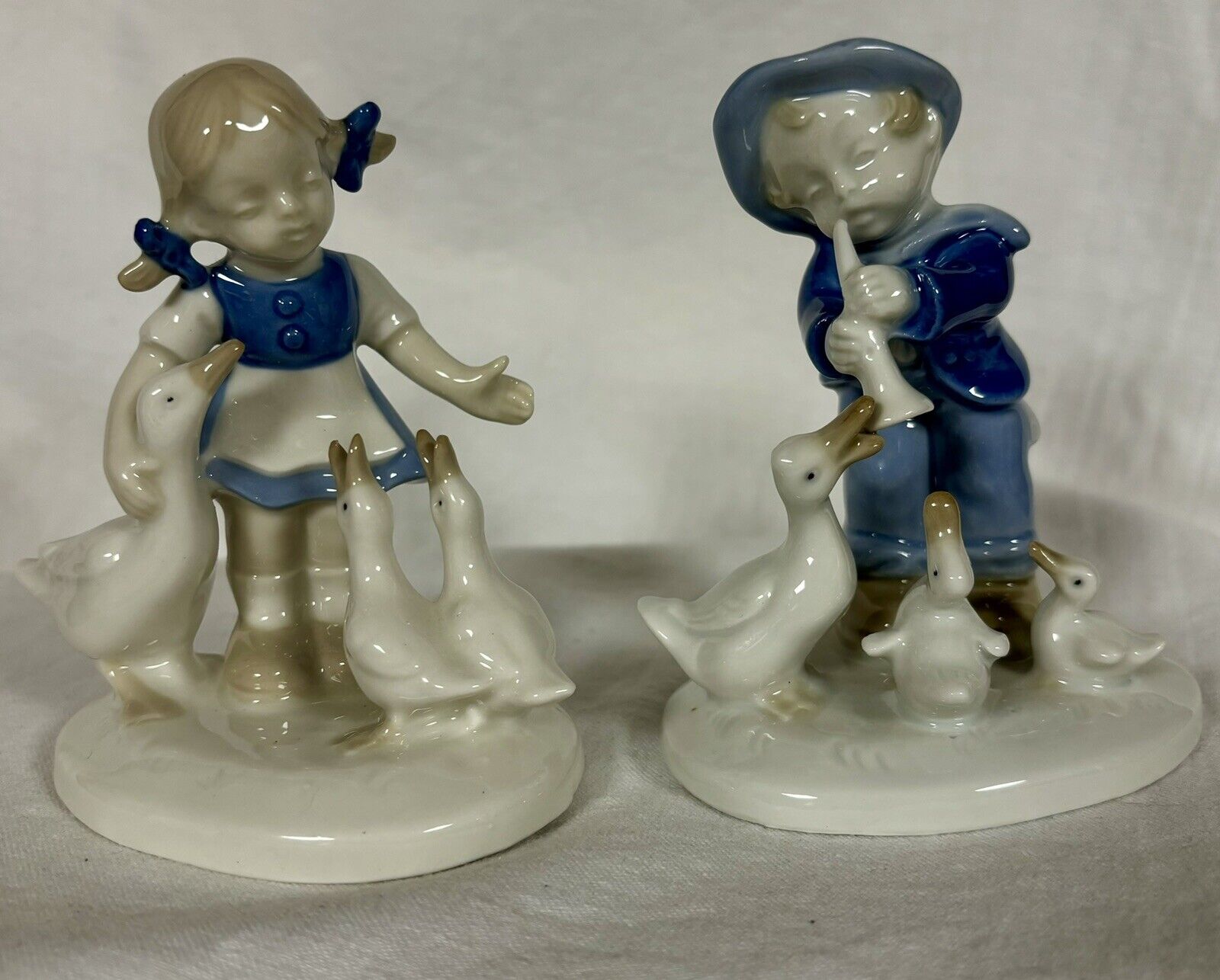 German Porcelain Figures, Set of Two, Girl with Ducks, Boy with Ducks