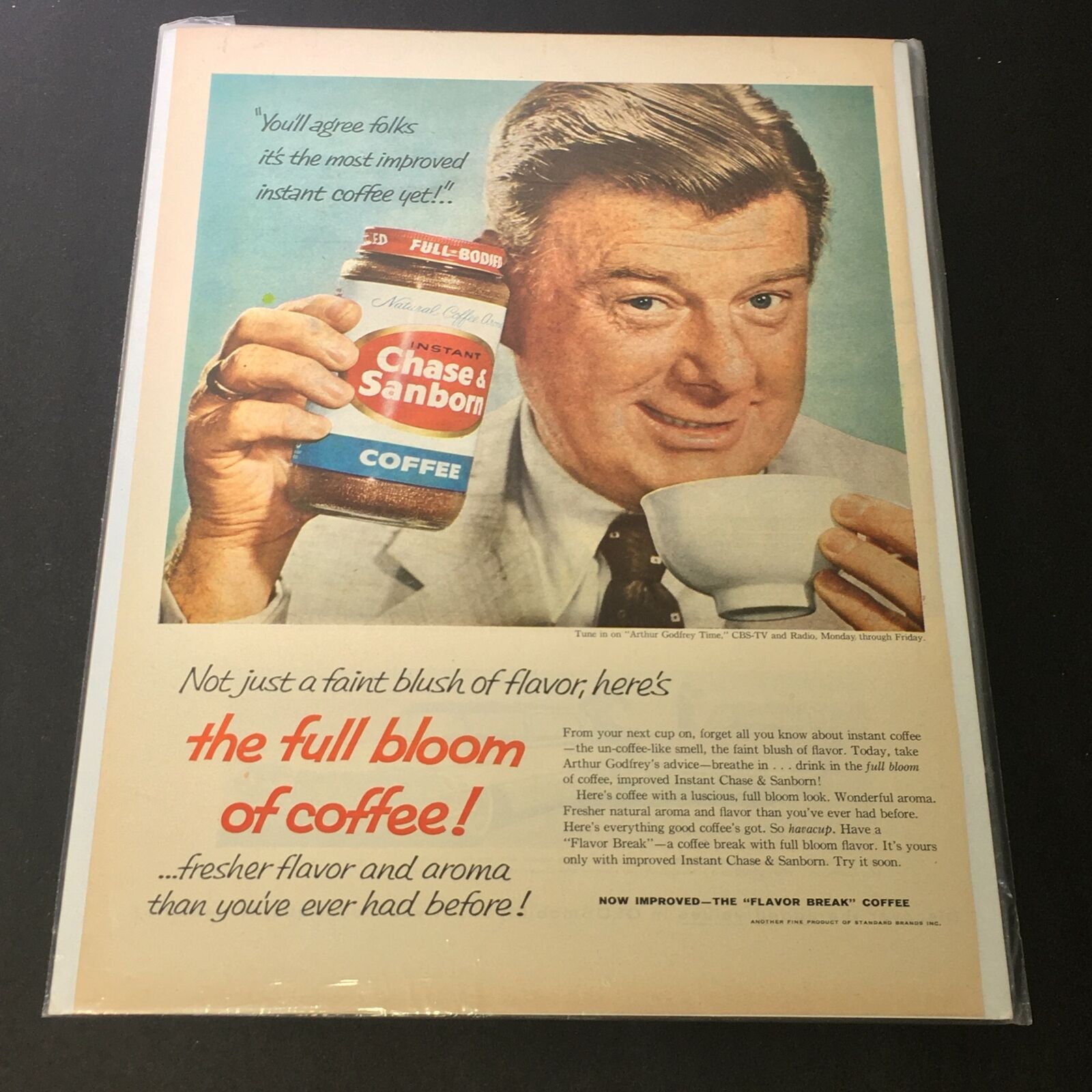 VTG 1958 Chase & Sanborn Full-Bodied Instant Coffee Print Ad ft. Arthur Godfrey