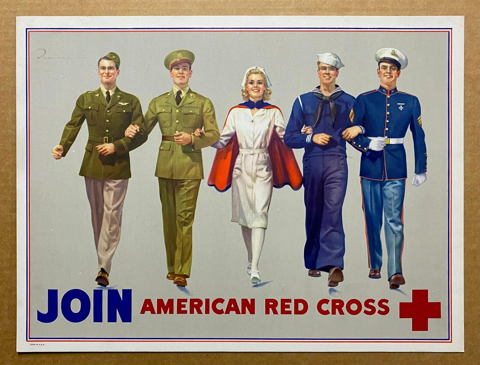 c.1942 Join The Red Cross Window Card Poster Robert C. Kauffmann WWII Original