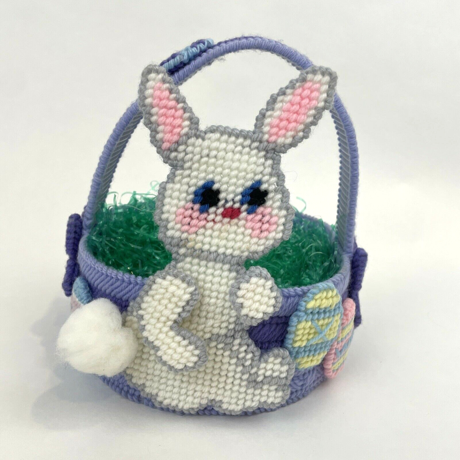 Vintage Easter Basket Needlepoint Bunny Eggs Handmade 8 x 7 Decorative Purple 