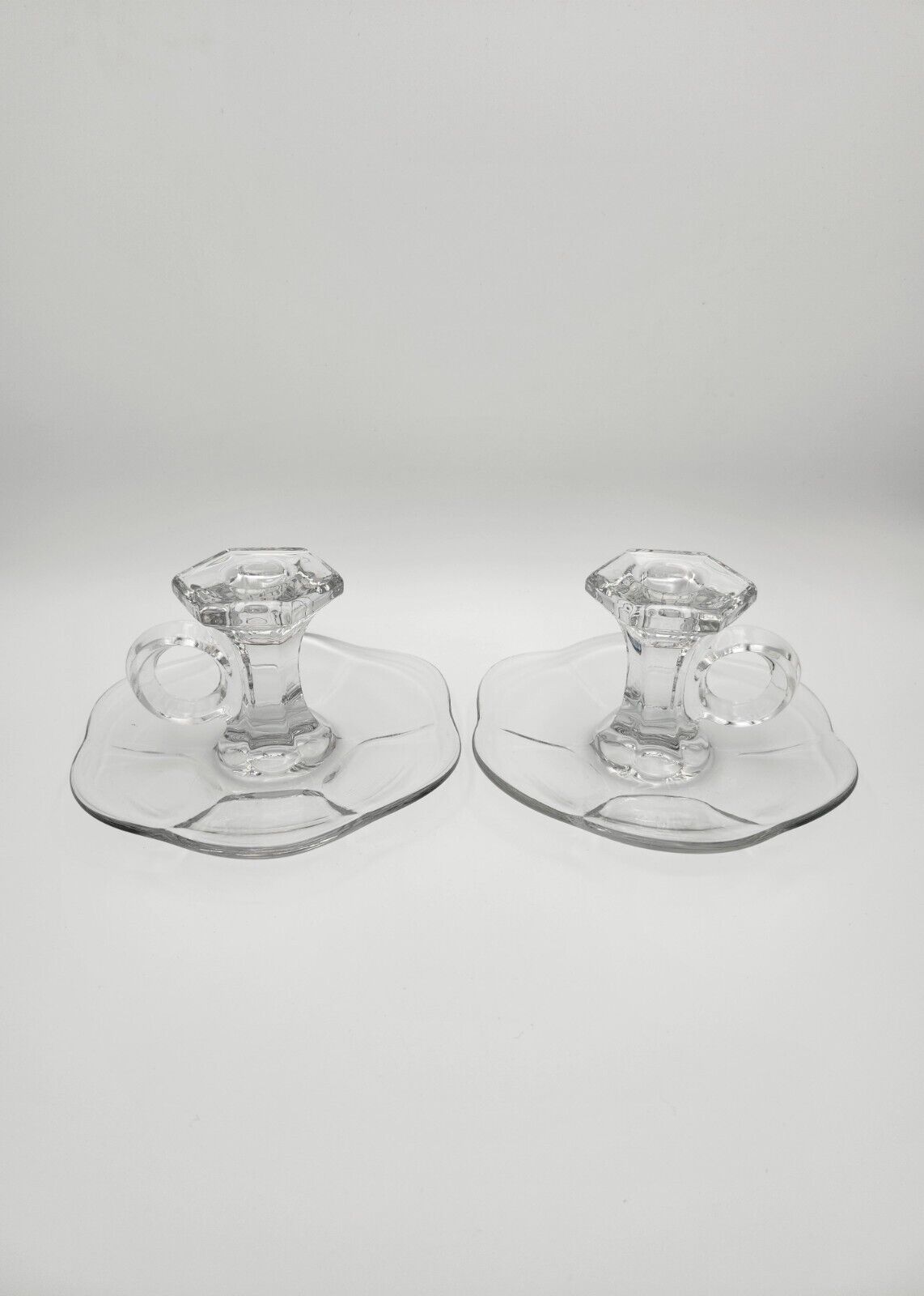 Vintage Pair of Clear Glass Finger Hold Candlesticks