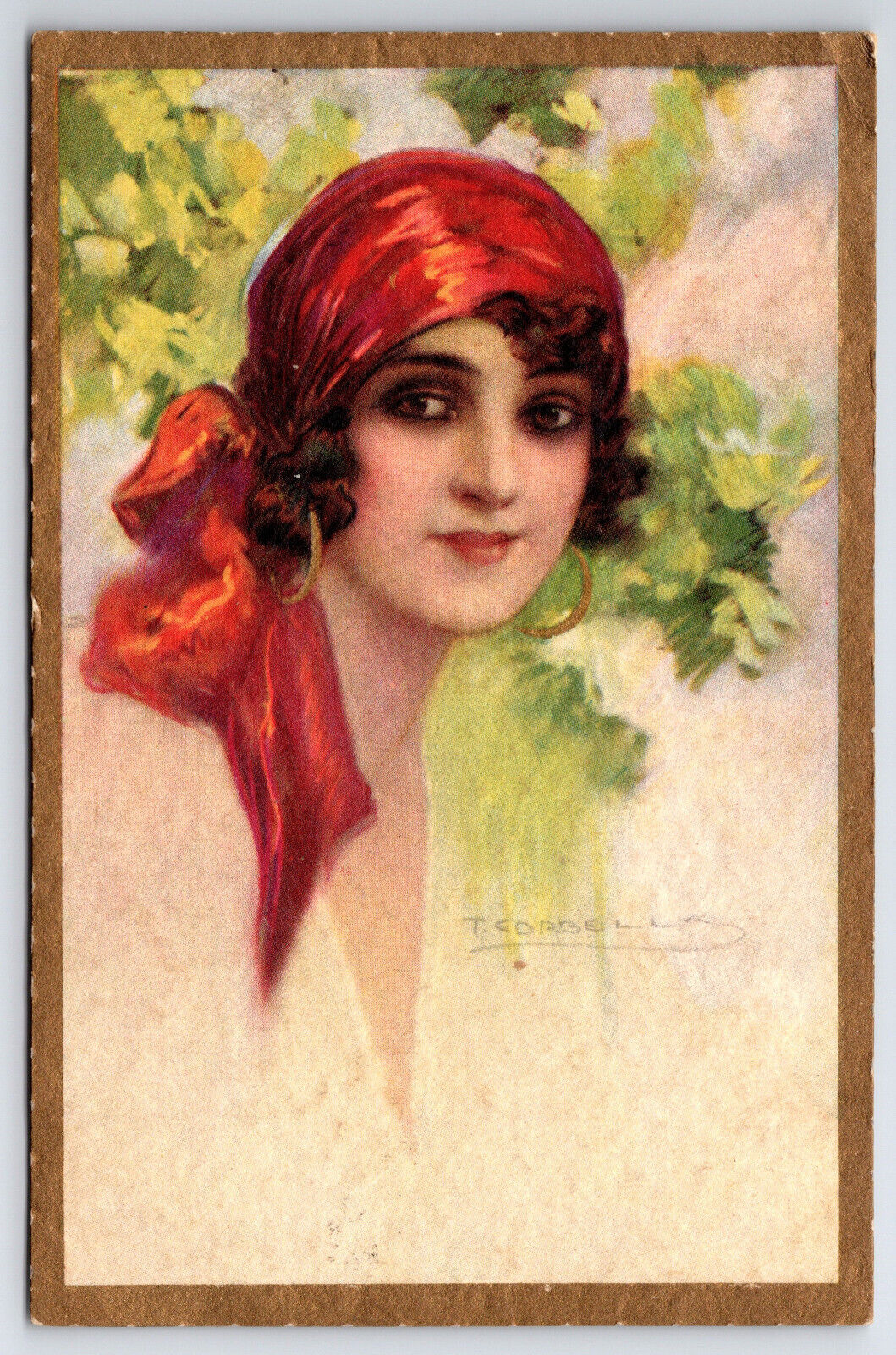 Vintage C1930 Postcard Artist Signed Corbella,  Italian Lady with Red Head Scarf