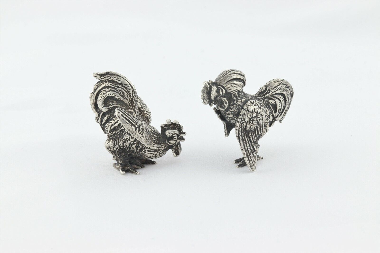 Sterling Solid Silver Cockfight Roosters Pair of Miniature Chicken Figurines
