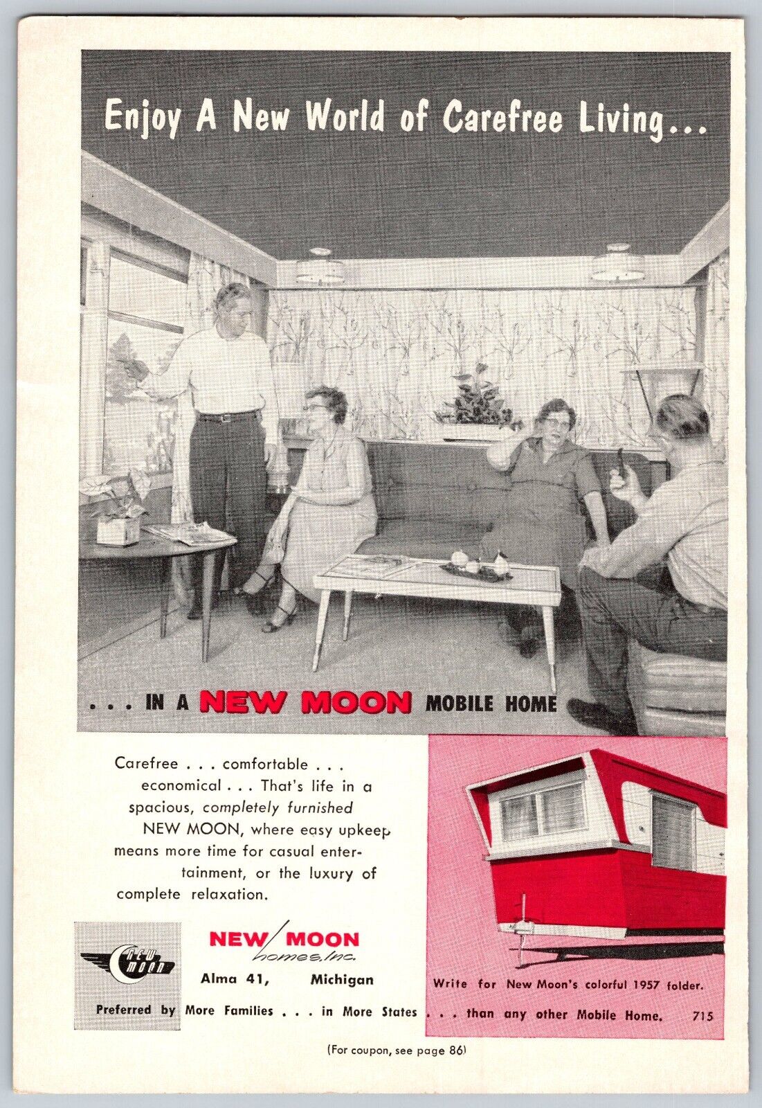 1957 PRINT AD New Moon Homes Alma Michigan Mobile Home Living Room Two Couples