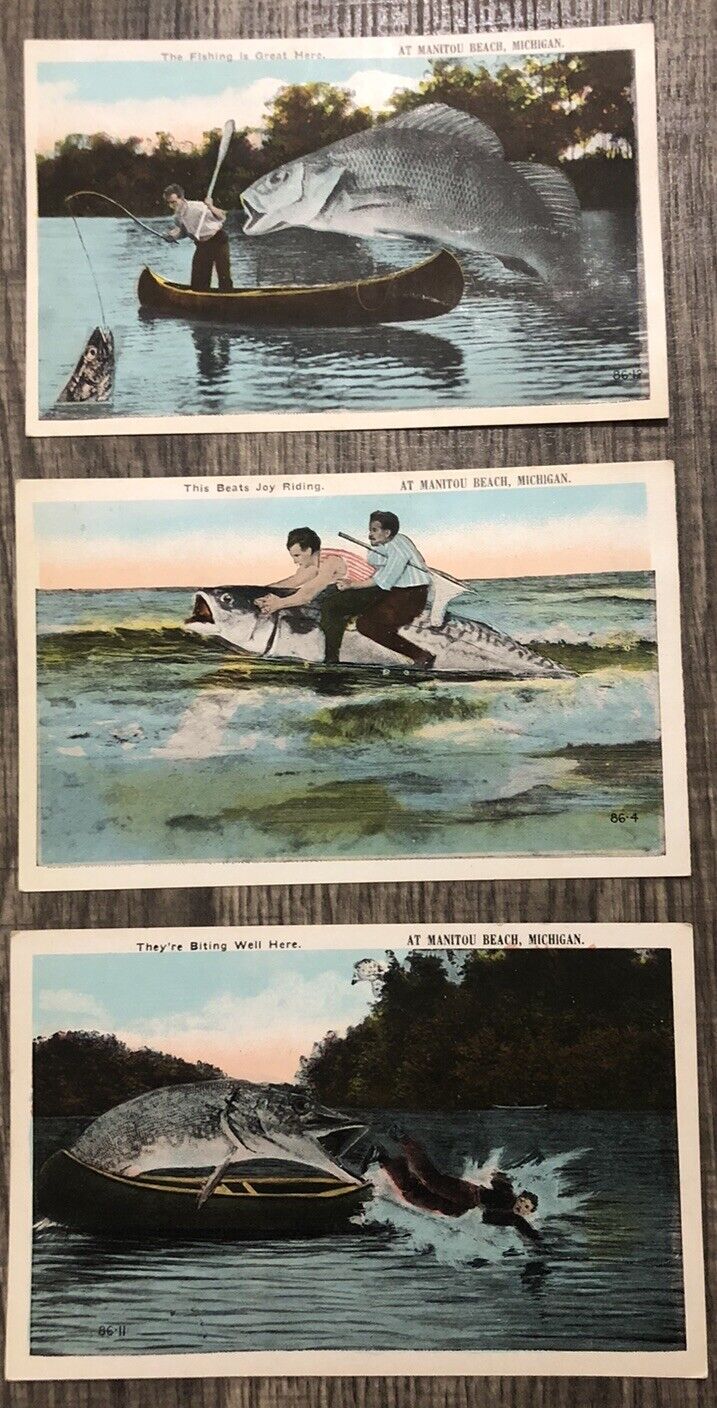 Lot Of 3 Manitou Beach Huge Exaggerated Fish Vintage MICHIGAN MI POSTCARDS