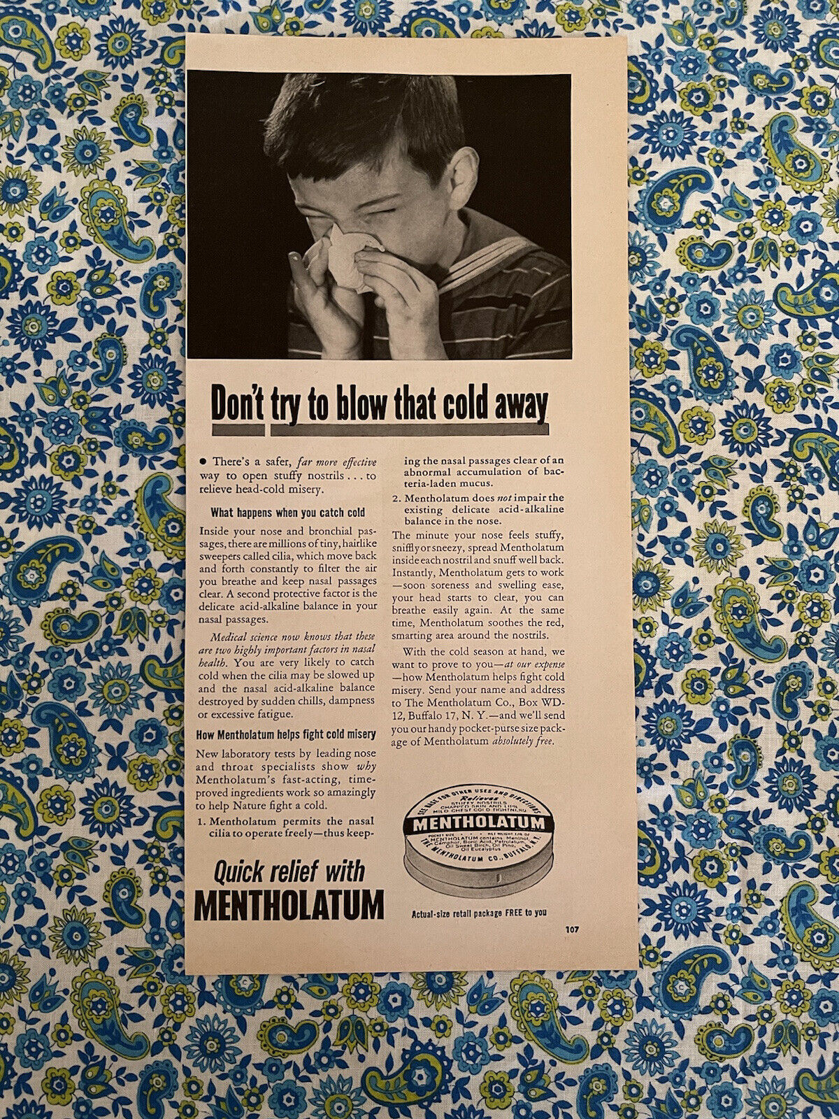Vintage 1949 Mentholatum Print Ad Nasal Cream Cold Relief Opens Nasal Passages