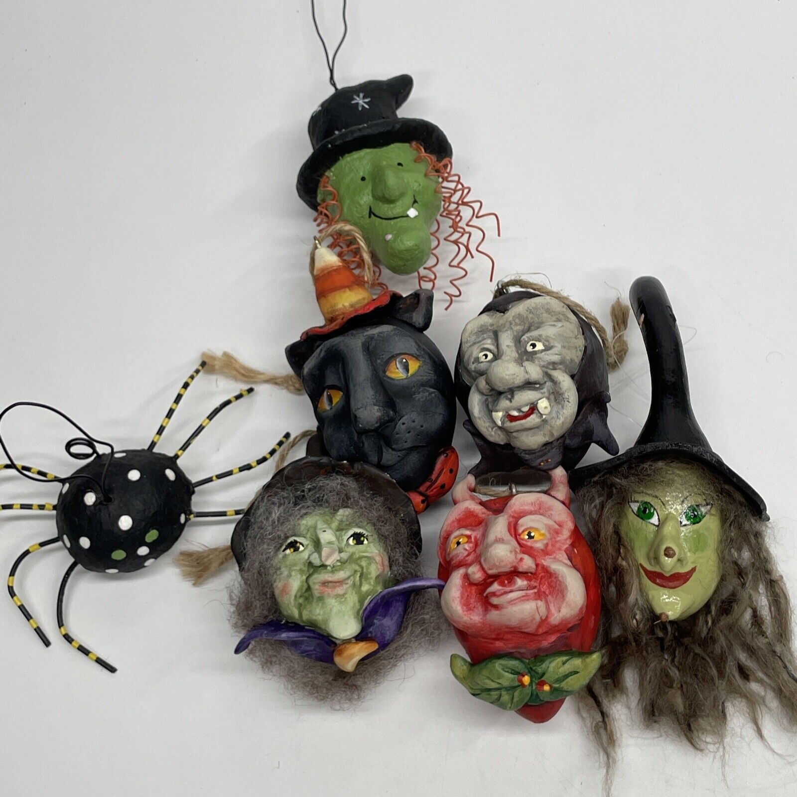 7 Vintage Sculpted Halloween Gourds Ornaments Hand Painted Signed Dottie Kuhl