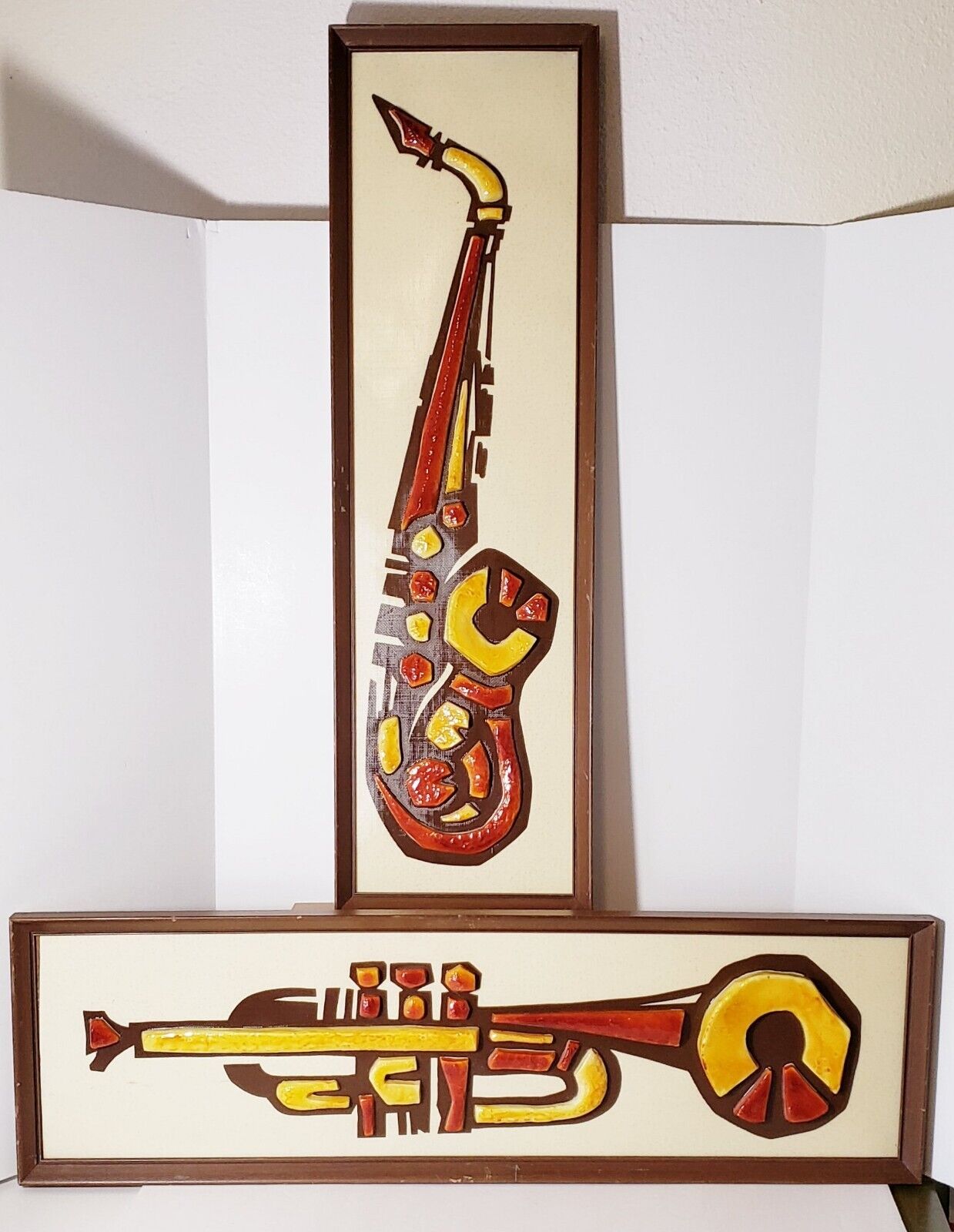 2-MCM 1962 Richter Artcraft Wall Art~JAZZ Musical Instruments(Saxophone/Trumpet)