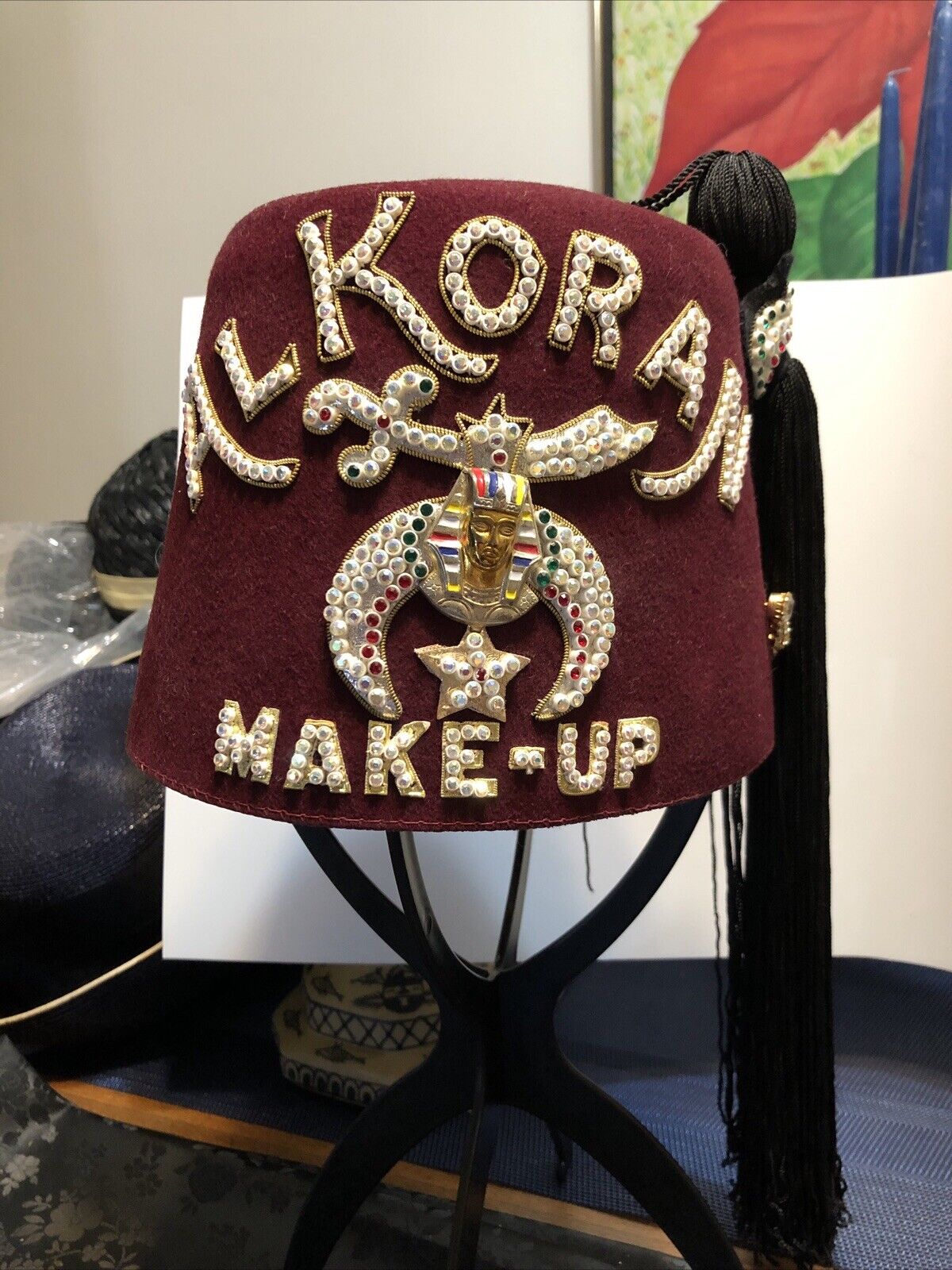 Vtg Al Koran Make Up Masonic Hat Size 6 7/8”  Jeweled With Tassel , Heritage