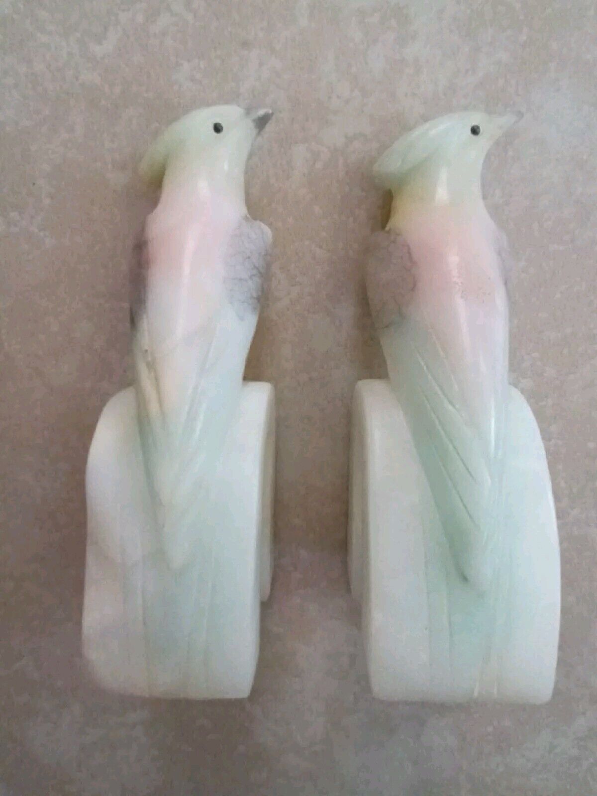 Vintage MCM Italian Alabaster Carved Cockatoo Parrot Bookends