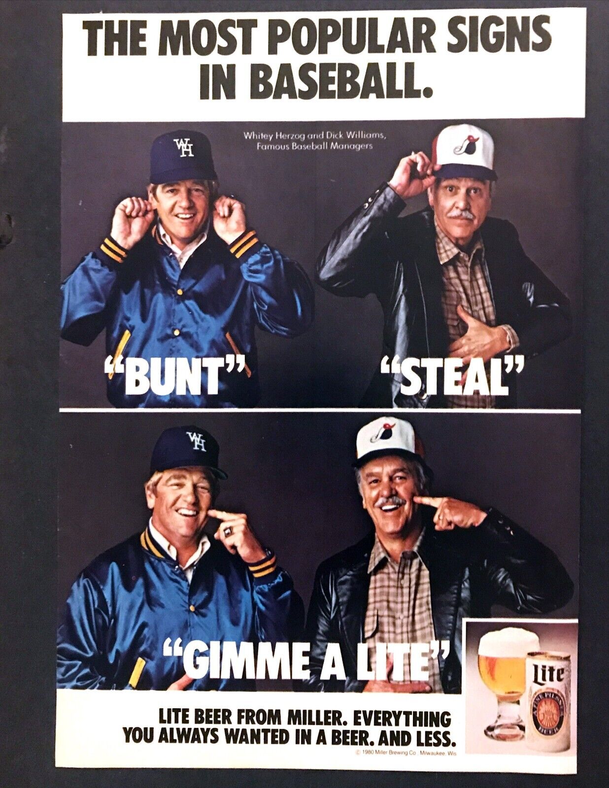 1980 Baseball Managers Whitey Hertzog & Dick Williams Miller Lite Beer print ad