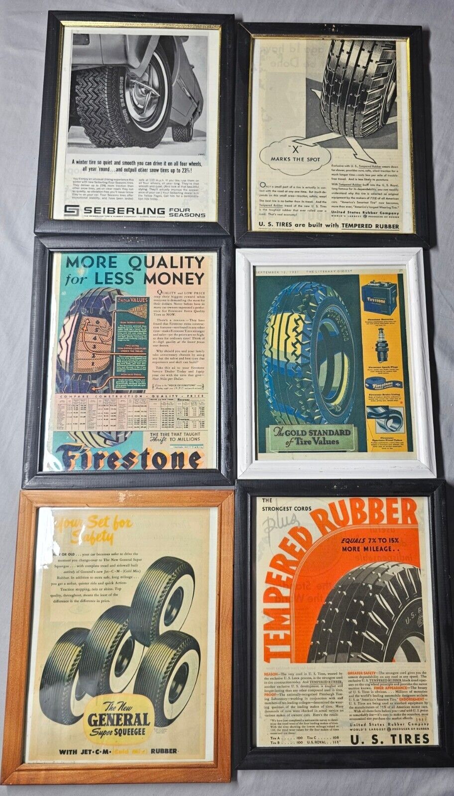 Antique 1931-1949 Tire Advertisments 6pc Set- Firestone, General, US Tire & More