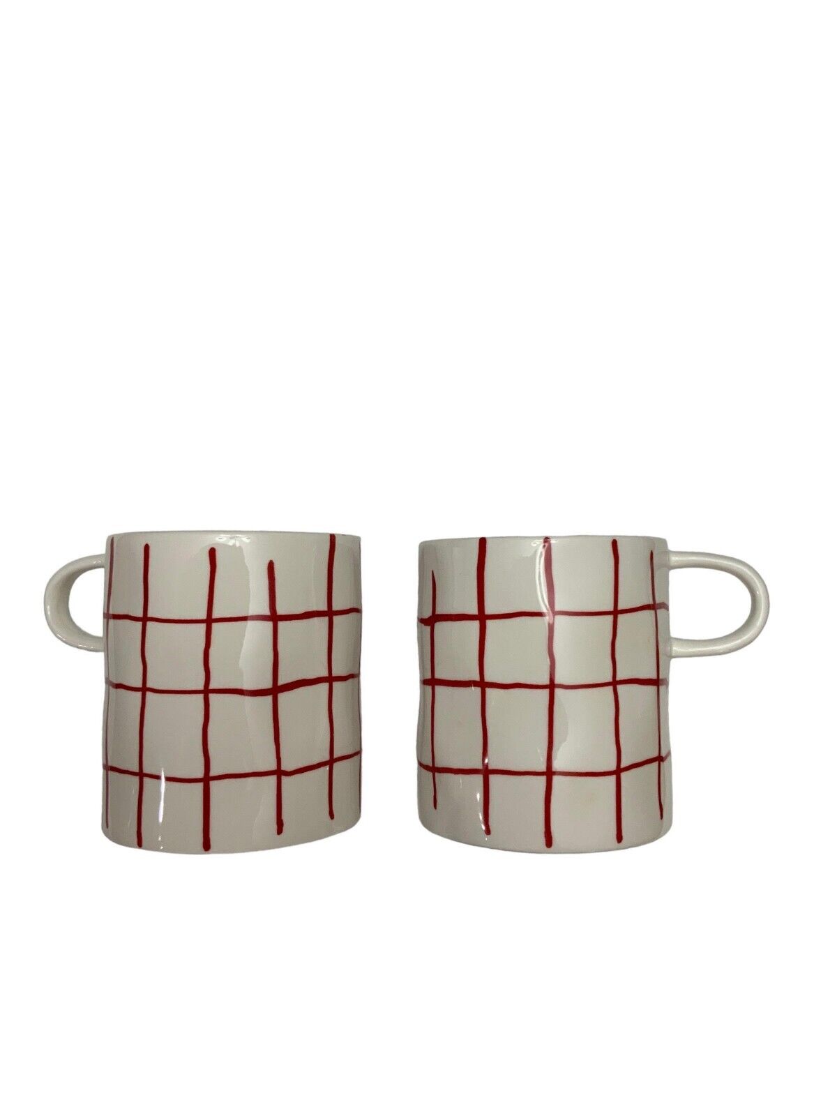 Two Coffee Mugs 23 oz White Mug Red Stripes Porcelain China Huge Wrap Hands (B1)