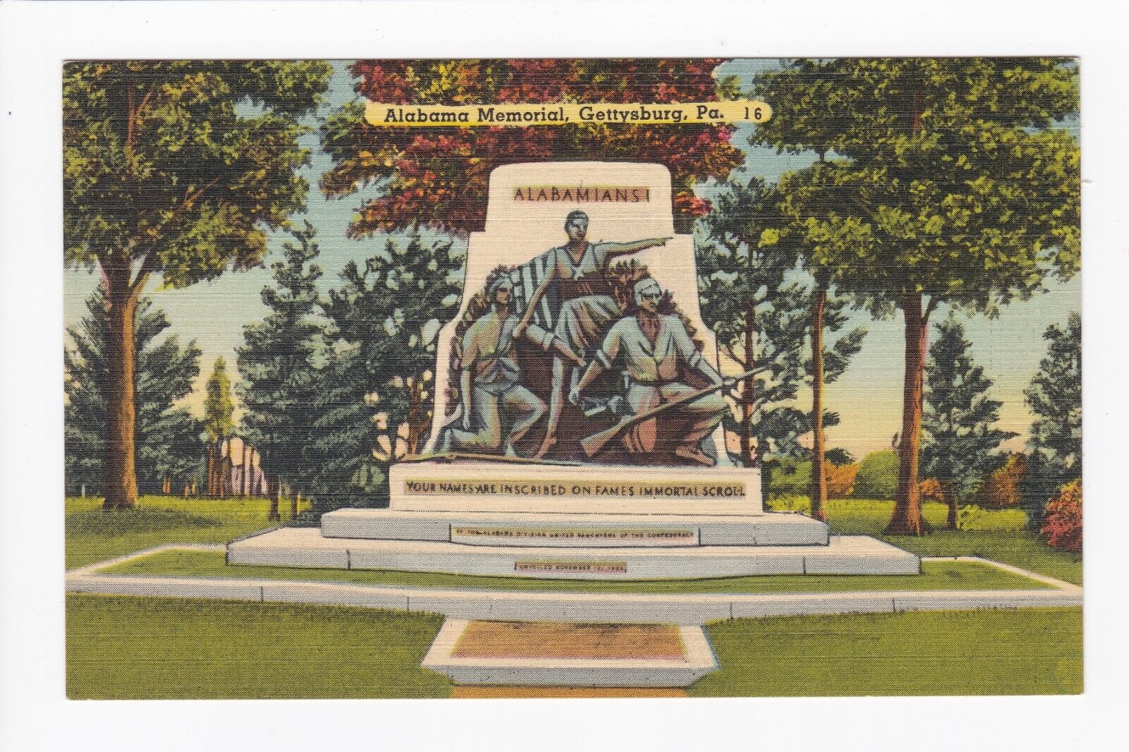 Alabama Memorial Gettysburg Pennsylvania Monument Linen Postcard