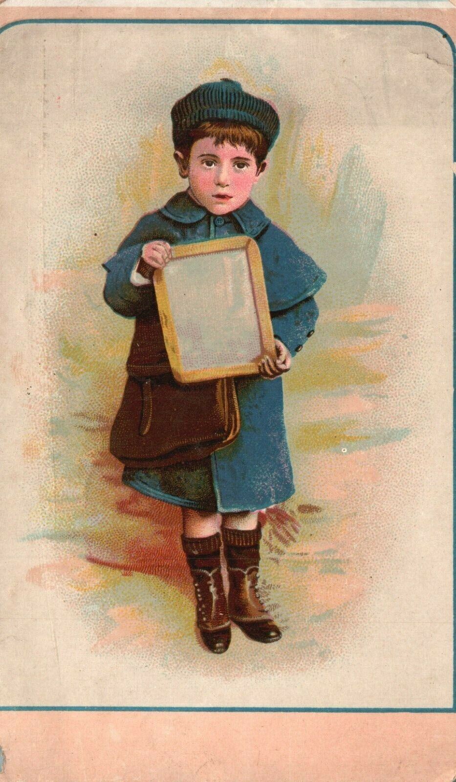 1880s-90s Little Boy in Blue Going to School with Board Trade Card