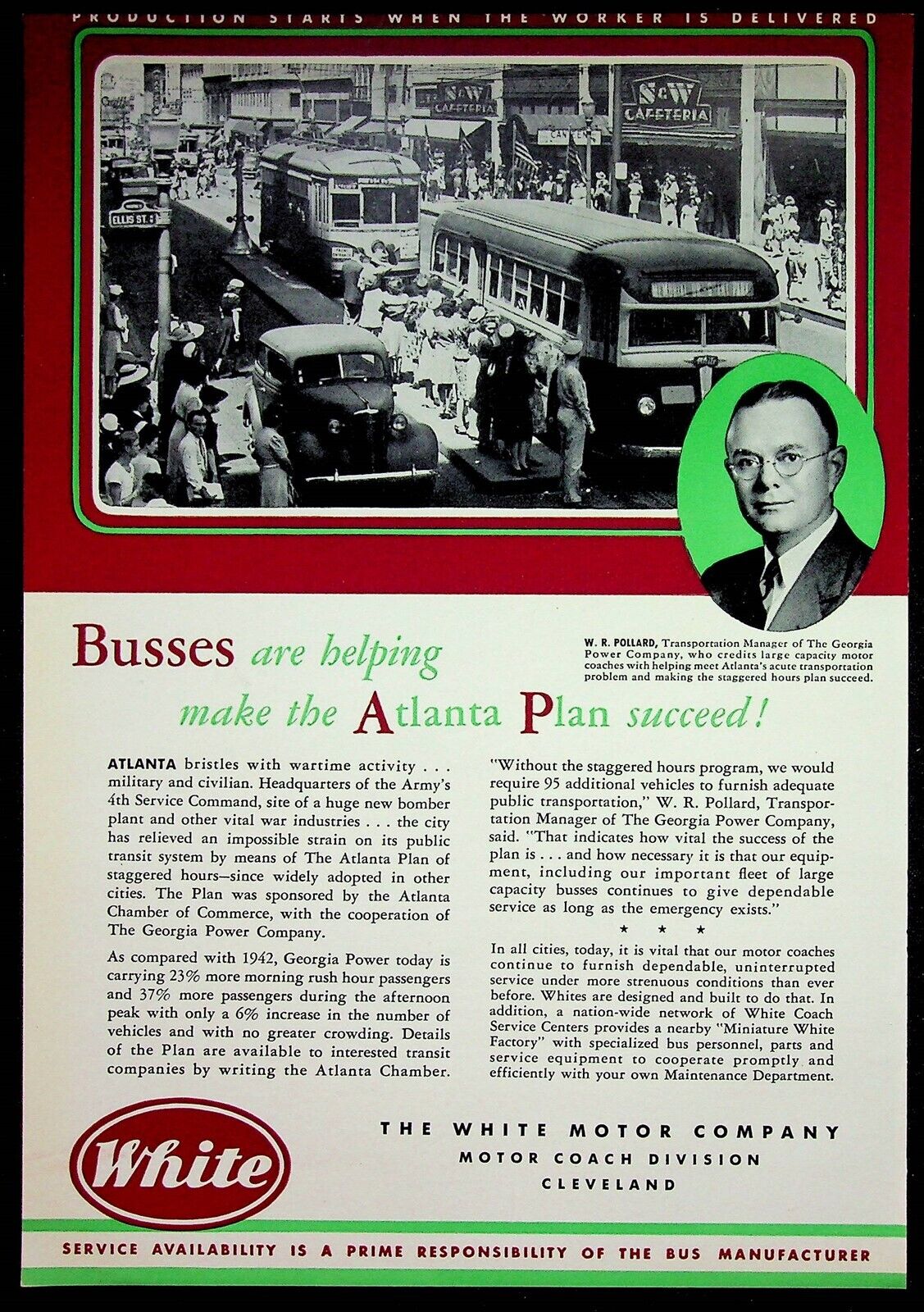 1943 White Motor Company WWII Bus Wartime Ad Atlanta Busses 4th Service Command