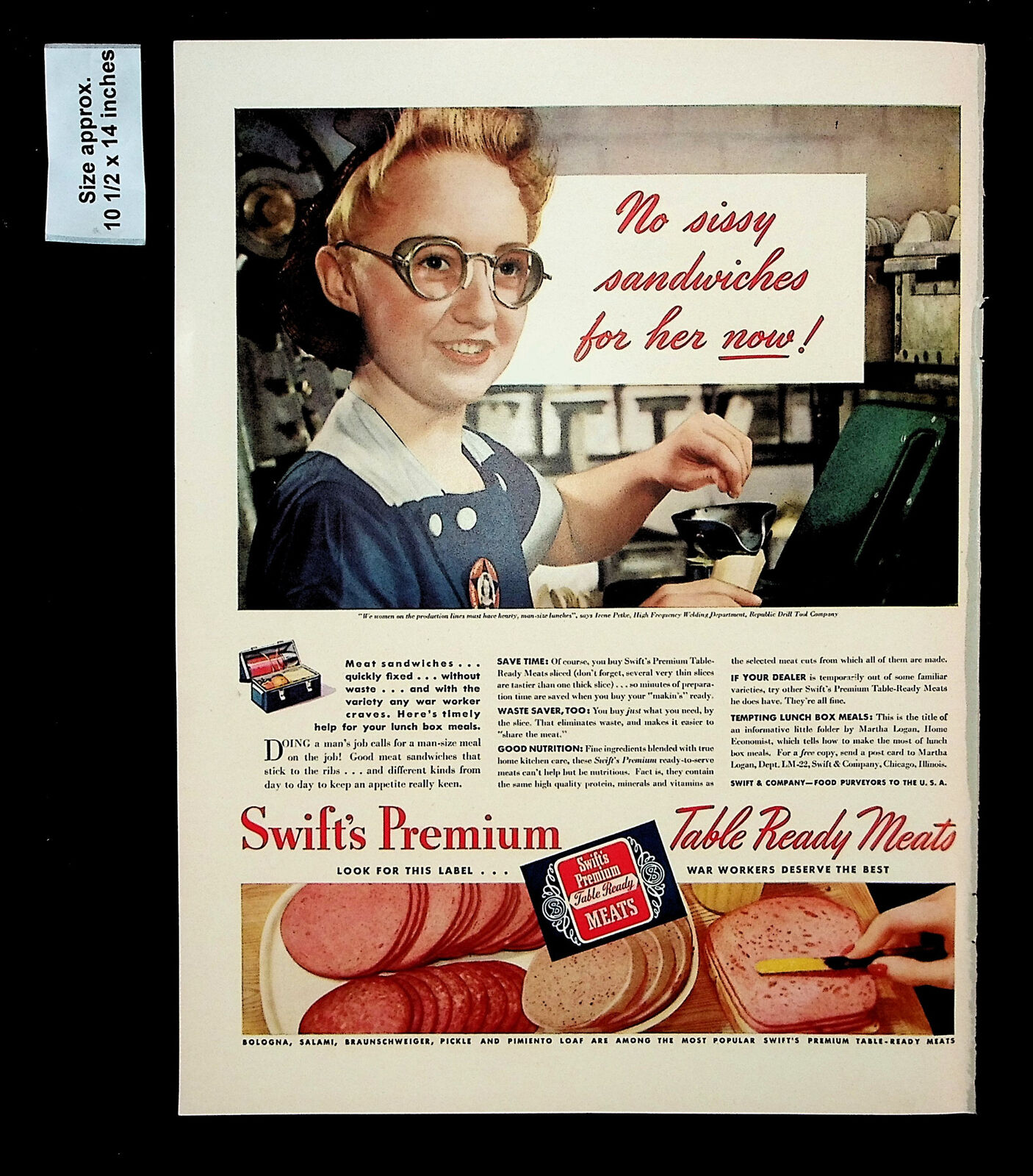 1943 Swift\'s Premium Table Ready Meats Woman Sandwiches Vintage Print Ad 33035
