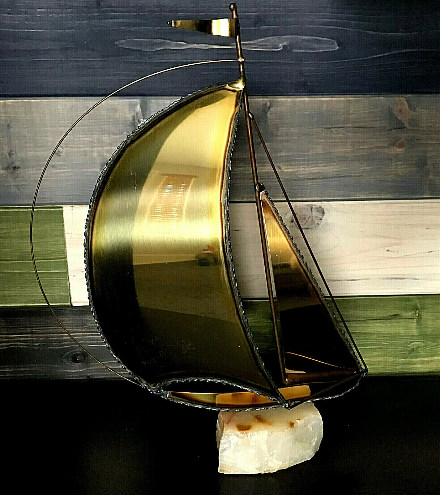 MCM Brutalist Brass Sailboat Metal Sculpture Onyx Quartz Base Mario Jason Signed