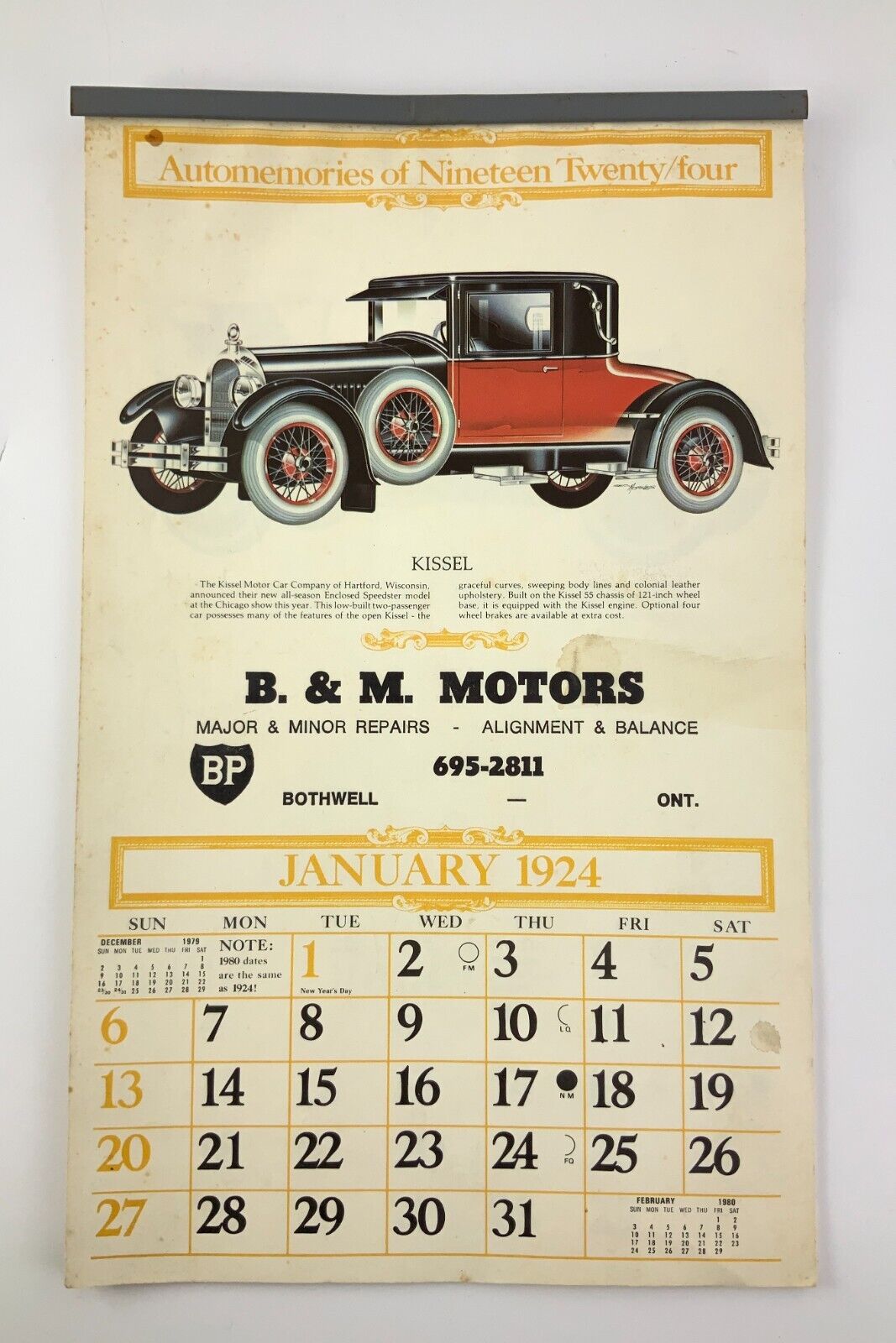 Automemories 1924 B&M Motors Bothwell Ontario 1980 Calendar Antique Cars EE639