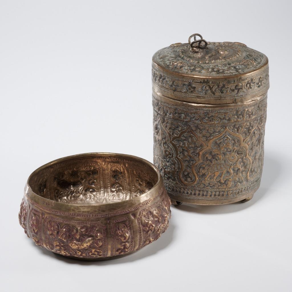 Antique Burmese Thabeik Repousse Silverplated Betel Box Tea Caddy Offer Bowl Lot