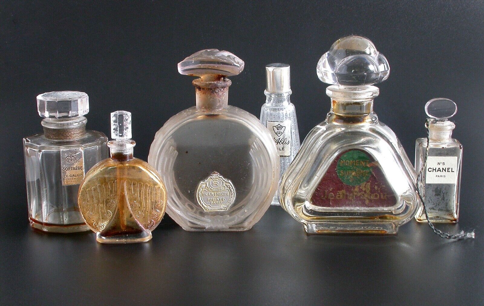 6 Vintage Antique French Perfume Bottles Lot-Riguad-Corday-Jean Patou-Sortilege
