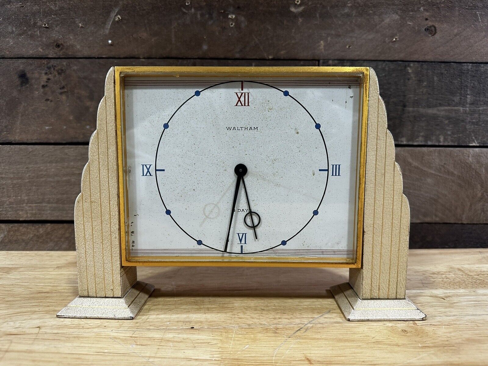 Vintage Waltham Mid Century Wooden Desk Clock With Glass Front