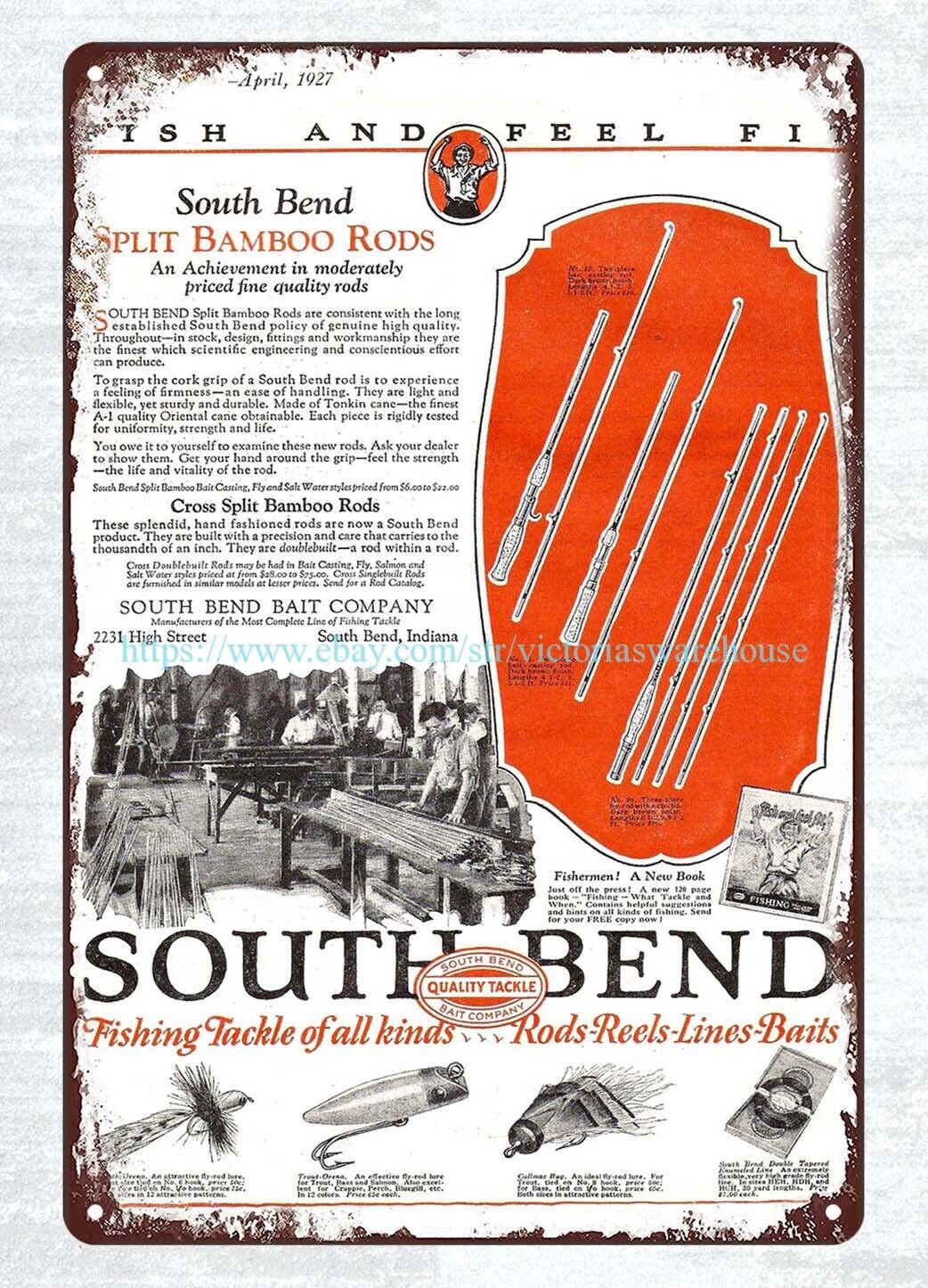 bar club home 1927 South Bend Cross Bamboo Rod fishing metal tin sign