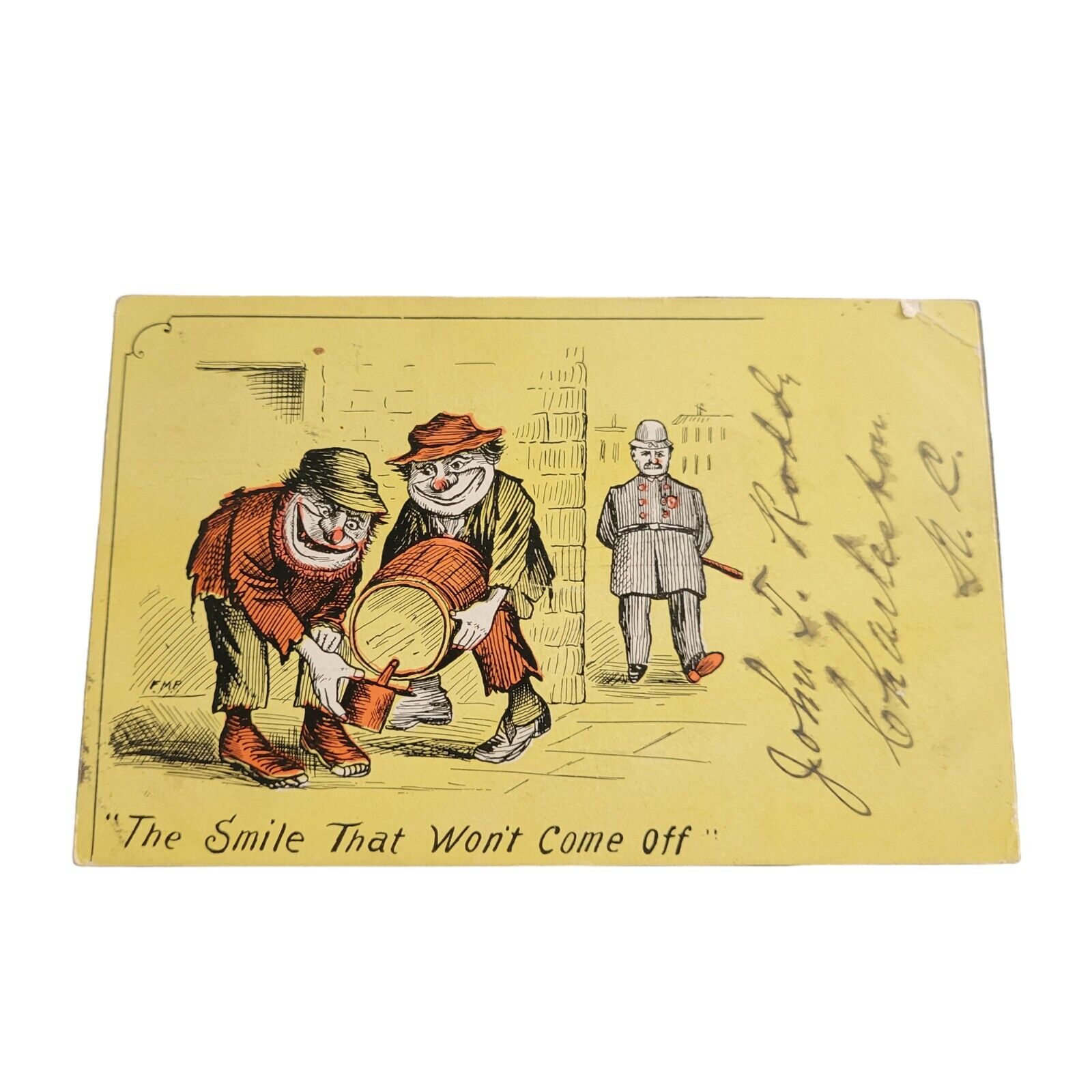 Vtg Linen Comic Postcard Of Three Men W The Quote Saying The Smile Won\'t Come Of
