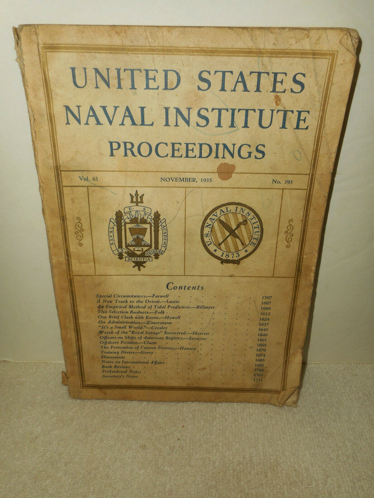 1935 United States Naval Institute PROCEEDINGS Magazine USS ROYAL SAVAGE Wreck