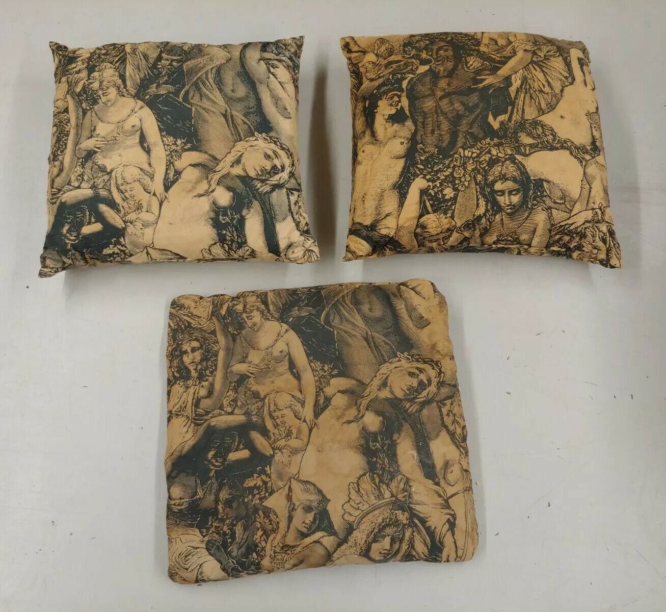 3x Antique Vintage Pillows Graphic Nude Woman Orgy Roman Greek Renaissance Art
