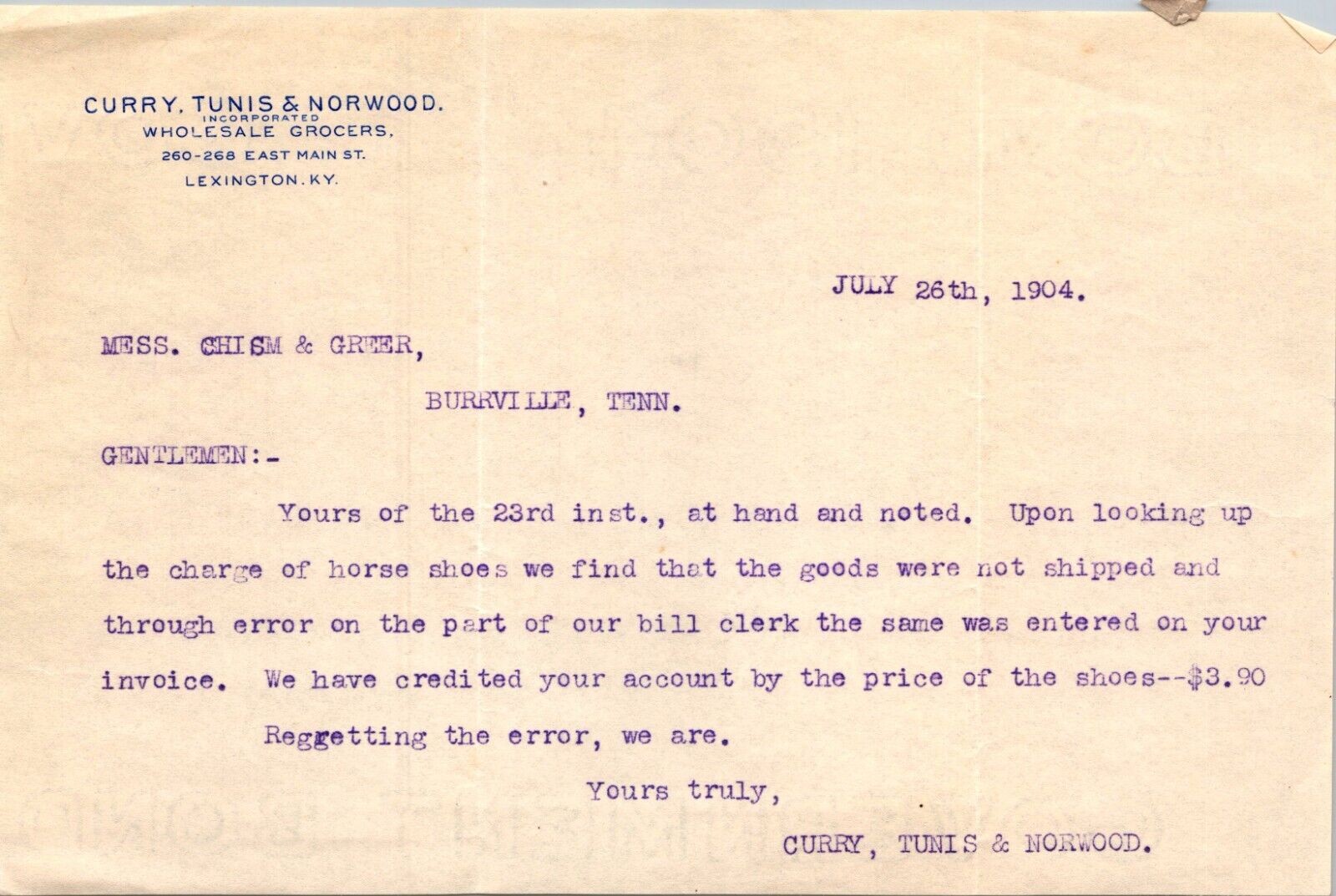 Curry Tunis & Norwood Lexington KY 1904 Letterhead Wholesale Grocers
