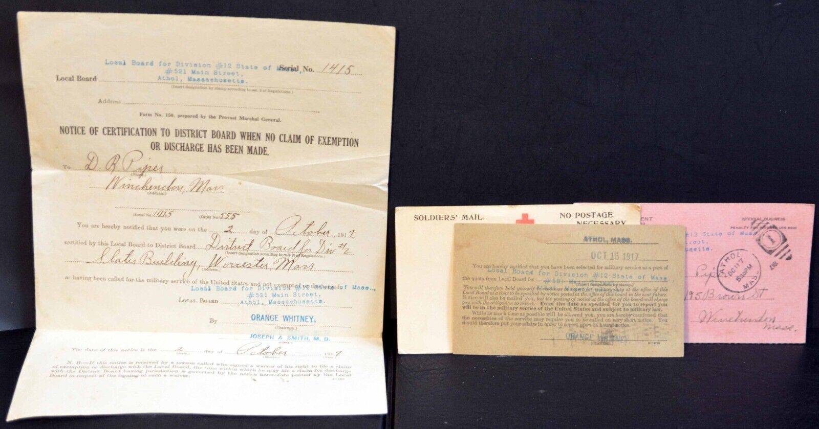 1917 World War I Local Board MA Paperwork  War Department Soldier\'s Mail LOT
