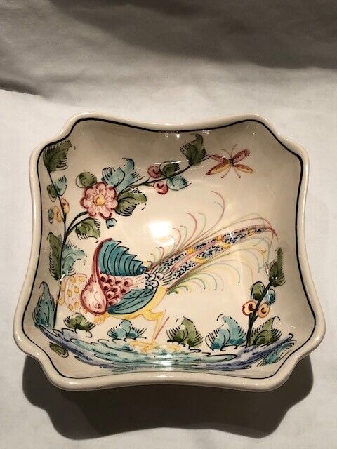 Vicorzete Agueda Hand Painted Square Bowl Bird Portugal Vintage Signed