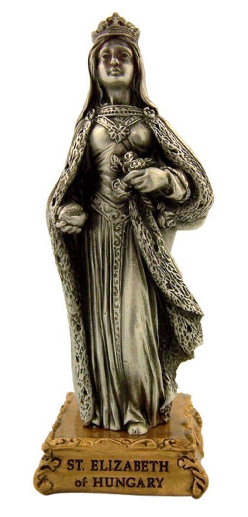 Pewter Saint St Elizabeth of Hungary Figurine Statue on Gold Tone Base, 4 1/2 In