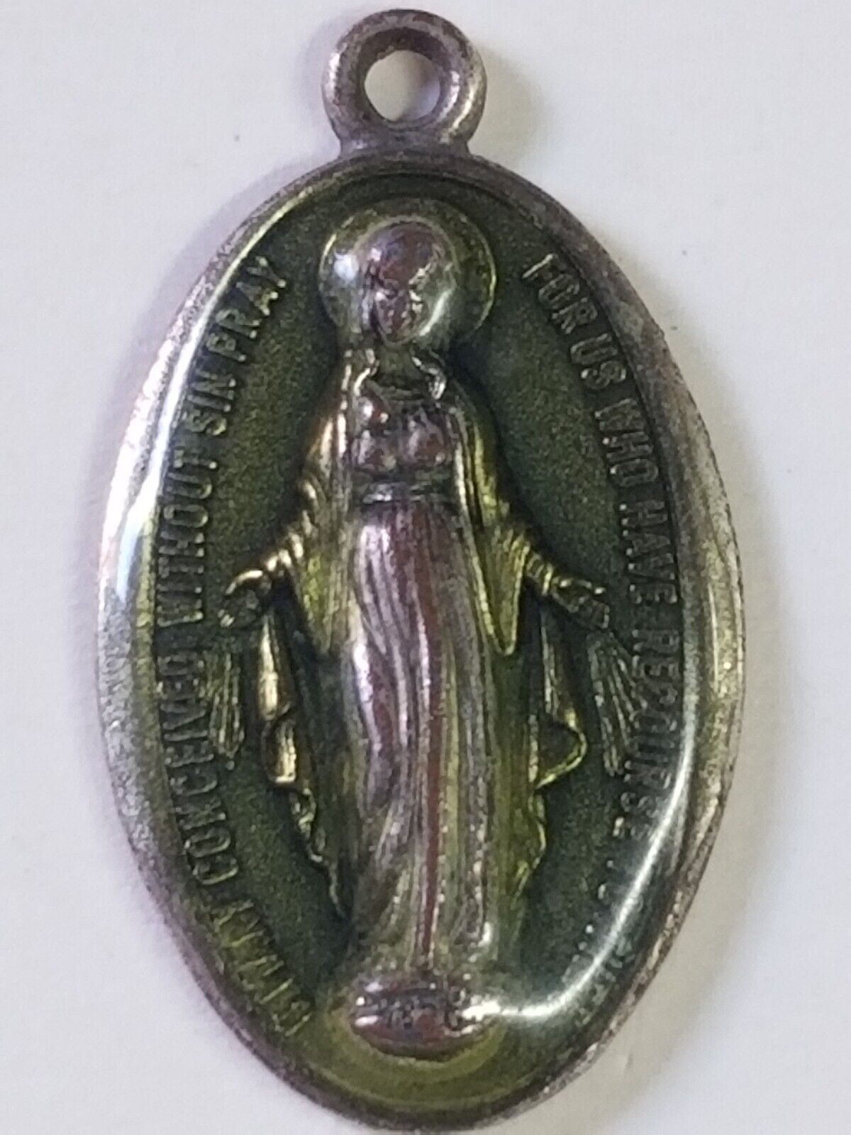 Vintage MIRACULOUS MEDAL MARY PENDANT Green Enamel Guilloche Italy Unusual Color