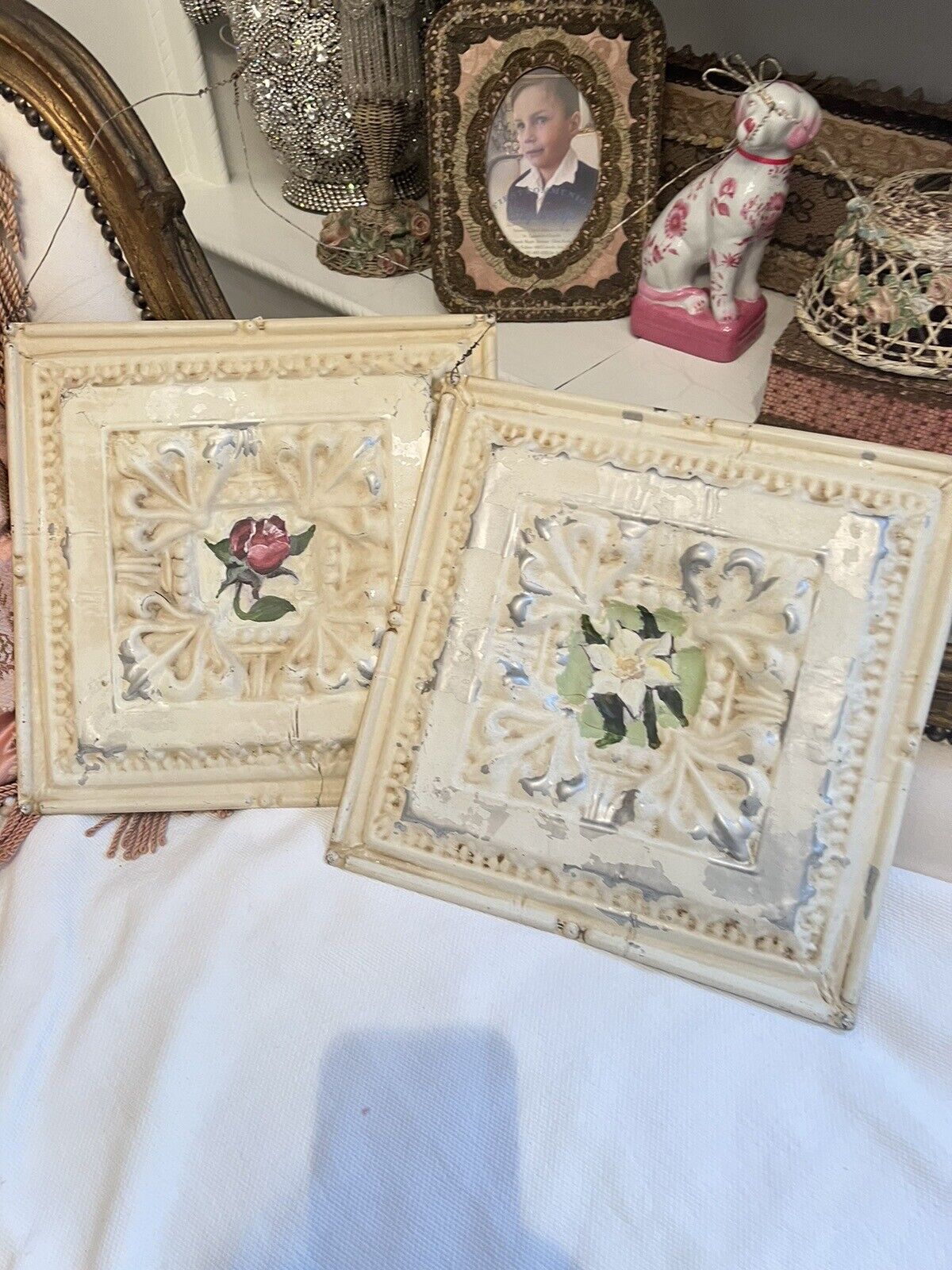 Pair Tin Painted Roses Flowers Shabby Chic Vtg Style Walll Art 