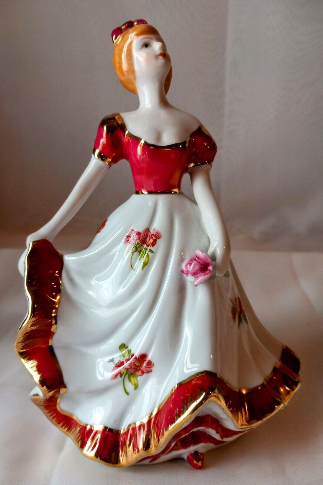 VTG Porcelain Victorian Lady Figurine w/ Red & White Dress w Roses & Gold Gild 