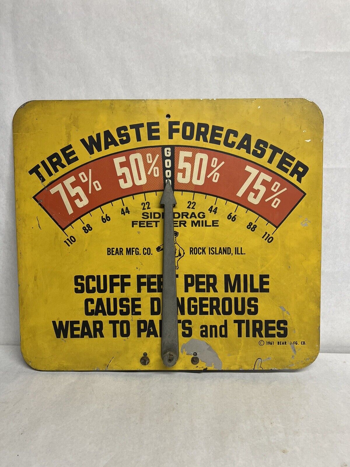 Original 1961 Bear Mfg Co Tire Waste Forecaster Metal Sign with Gauge Good Color
