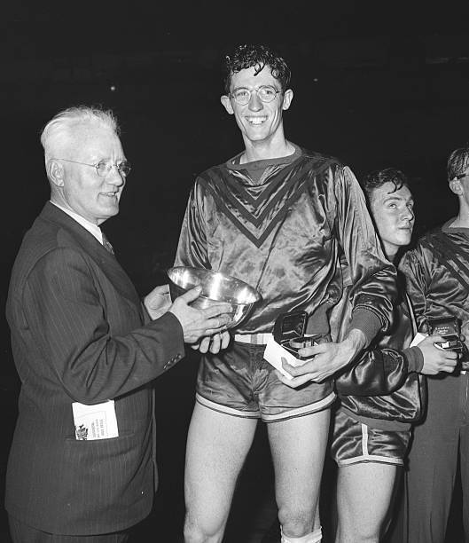 Valuable Cager George Mikan gets trophy from Jack Coffey Fordham a .. Old Photo