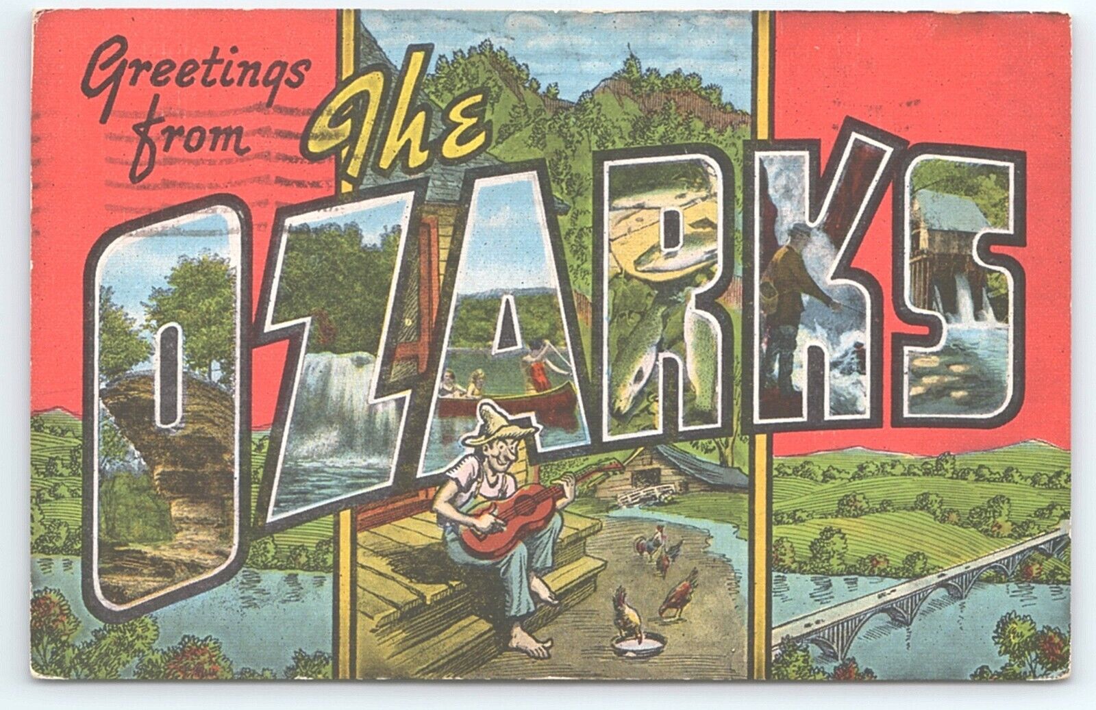 Postcard Big Letters Greetings from the Ozarks posted 1955 Guitar Player